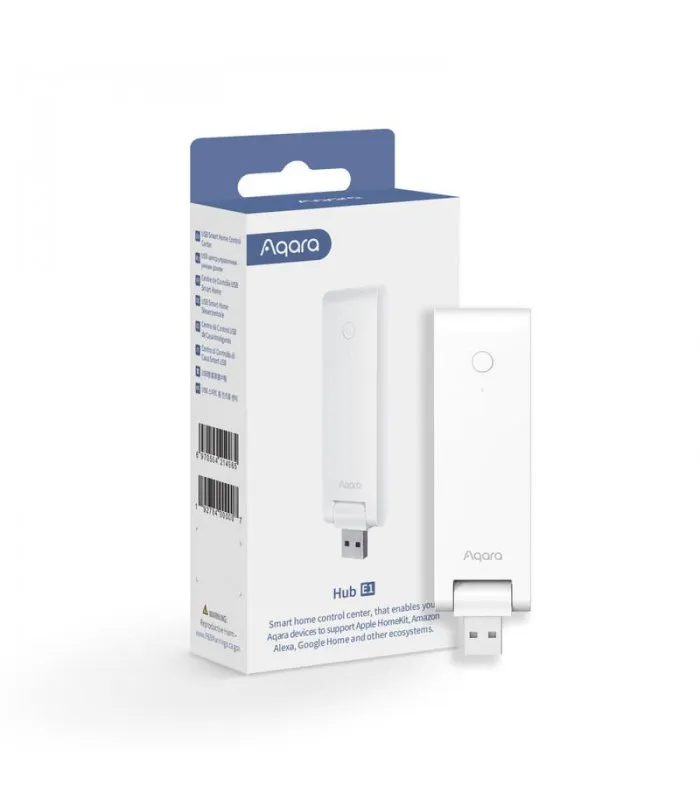 Białe urządzenie Aqara smart home hub z białym pudełkiem i niebieskimi akcentami.