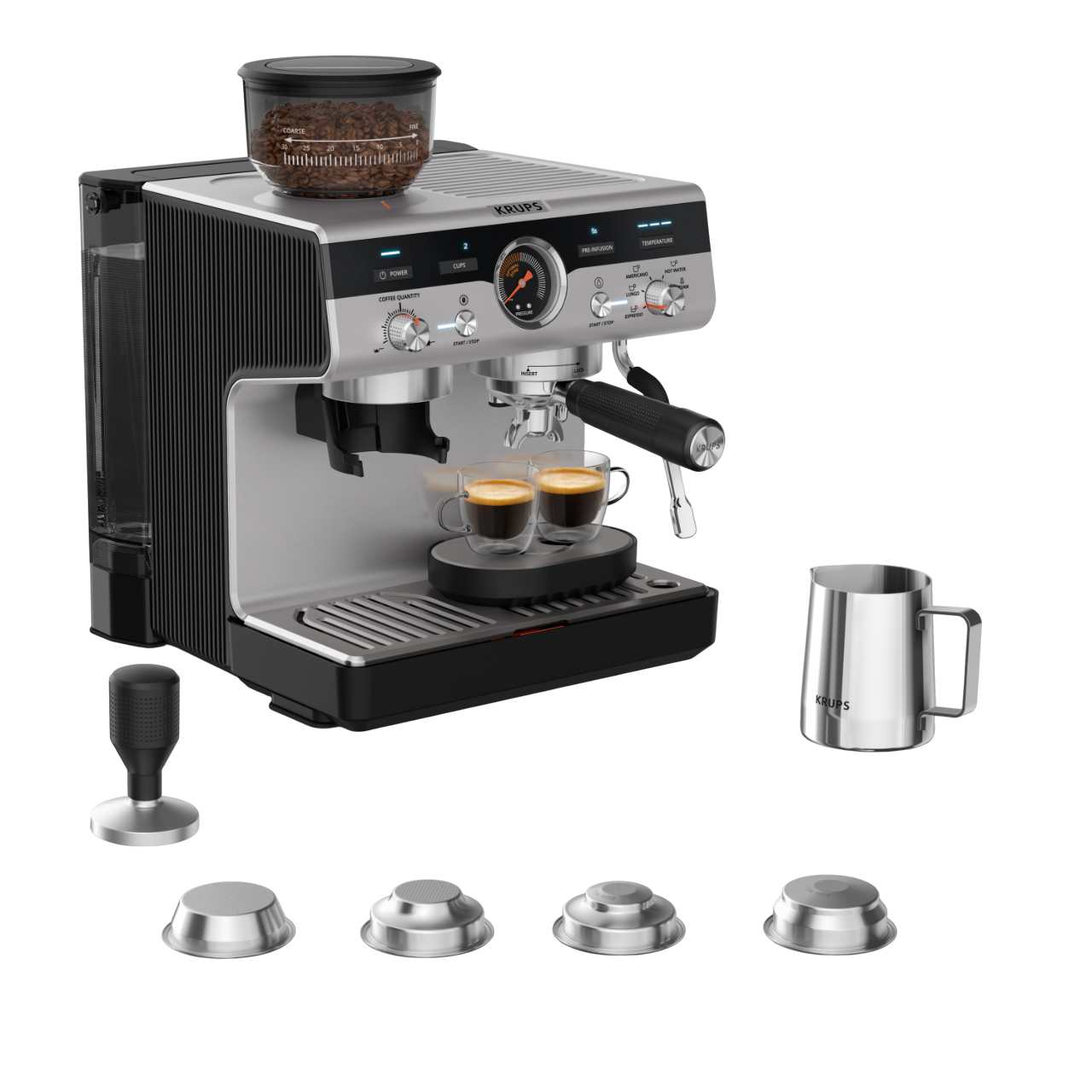 Eine Espressomaschine mit Zubehör, darunter Tassen und ein Krug.