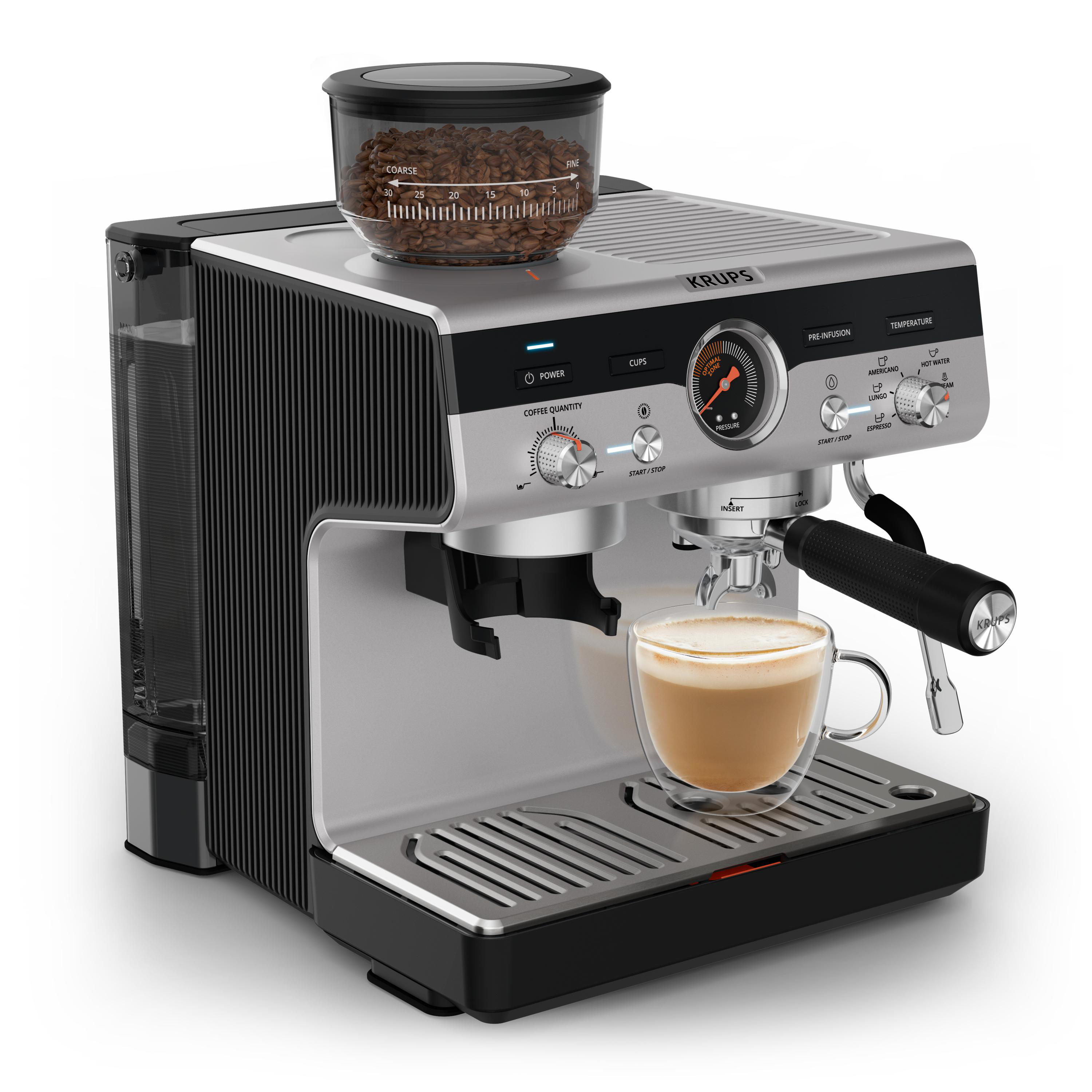 Krups Espressomaschine mit Kaffeebohnen und Tasse. Edelstahl- und schwarze Farben. Weißer Hintergrund.