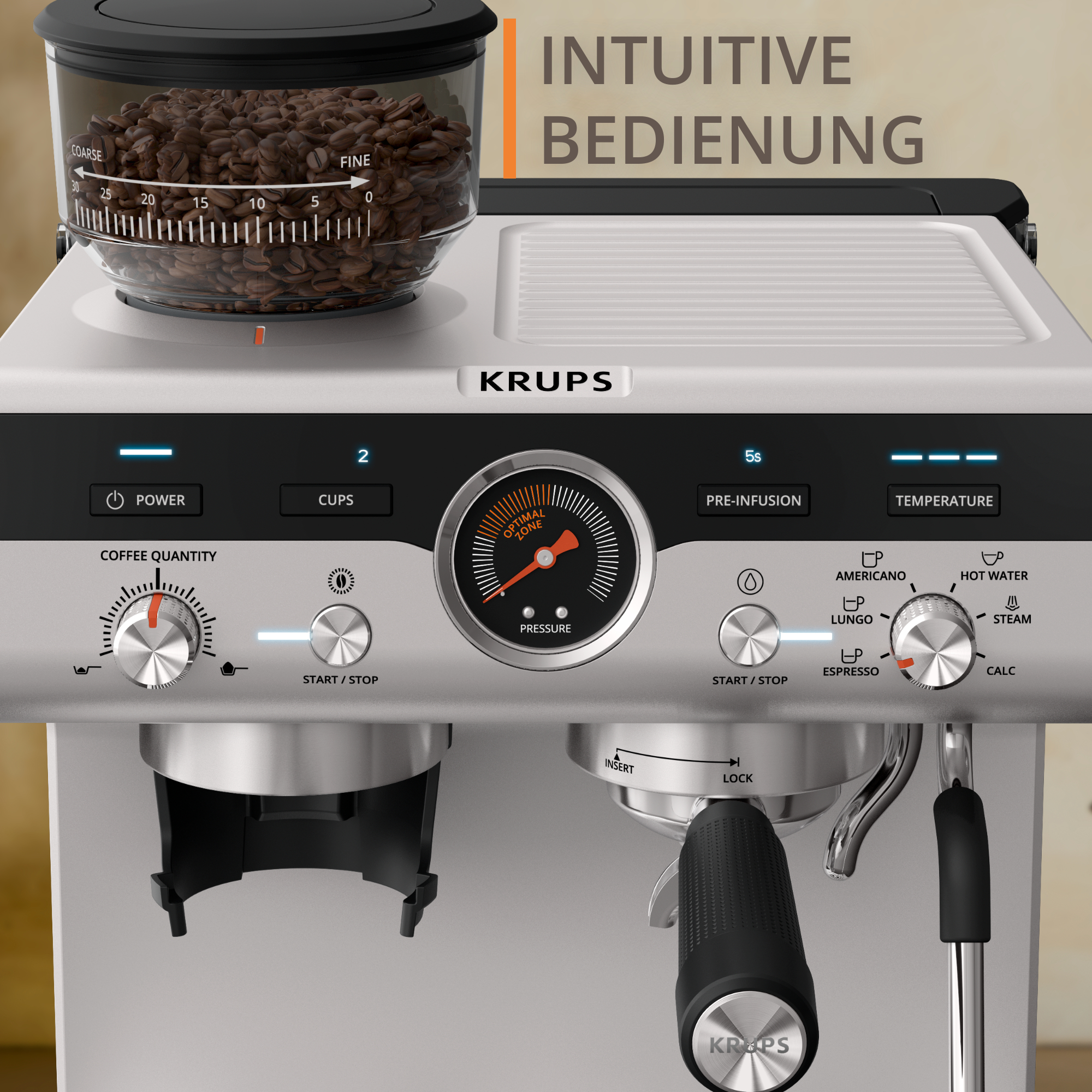 Kaffeemaschine mit Text, mit transparentem Bohnenbehälter, auf weißer Oberfläche.