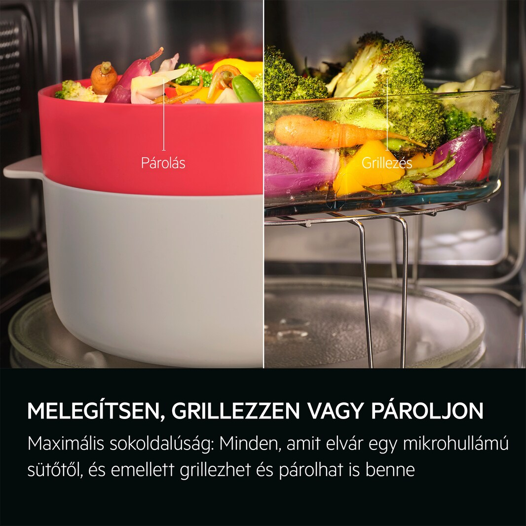 Kettéosztott kép, bal oldalon piros gőzölő tál zöldségekkel, jobb oldalon grillezett zöldségekkel.