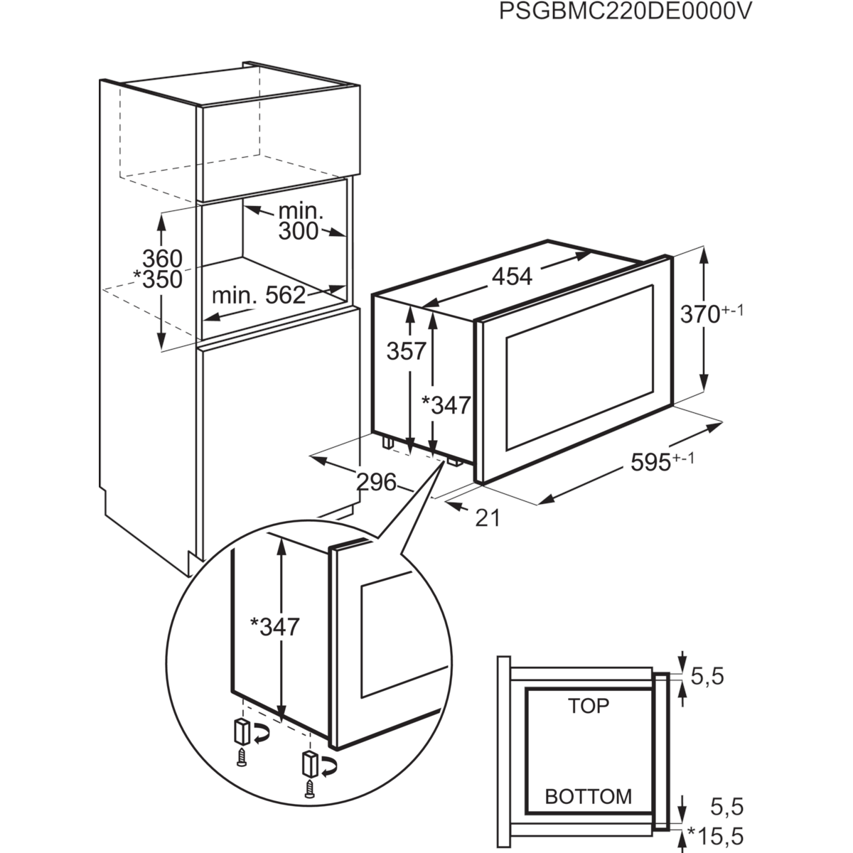 Egy beépített mikrohullámú sütő diagramja méretekkel.
