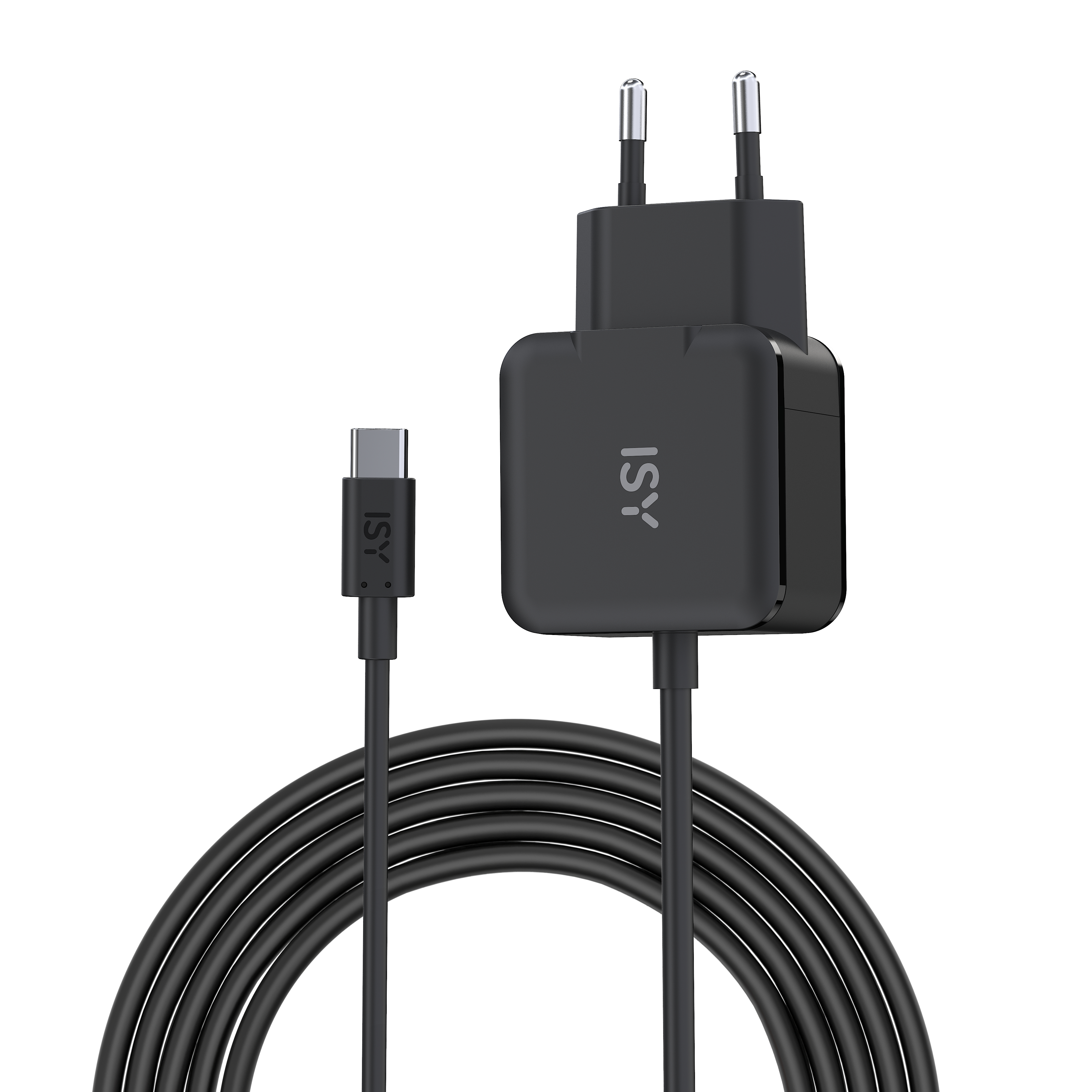 Schwarzes ISY-Ladegerät mit schwarzem USB-C-Kabel und Stecker. Weißer Hintergrund.