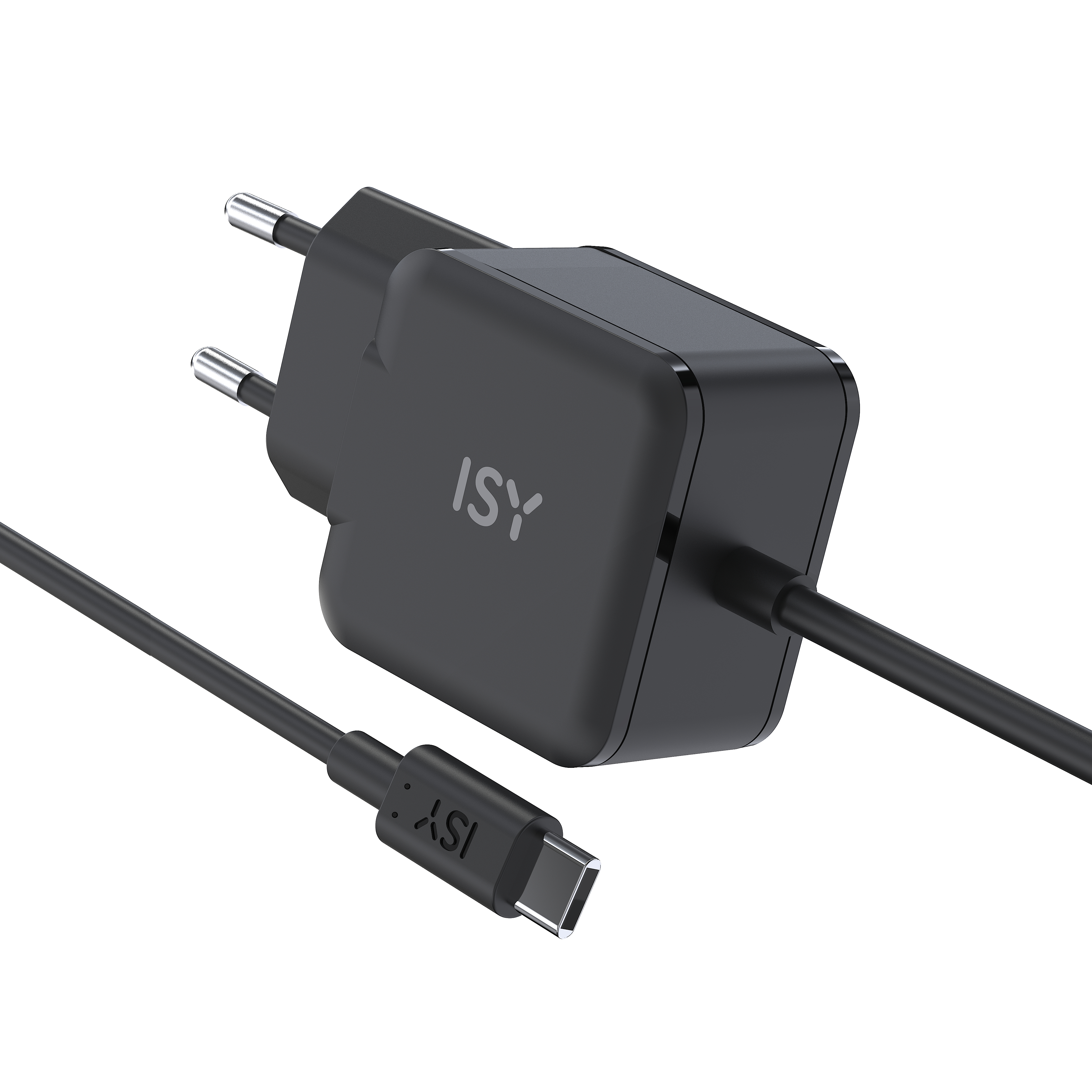 Ein schwarzes ISY USB-C-Ladegerät mit Kabel, vor weißem Hintergrund. Das Ladegerät trägt den Aufdruck 'ISY'.