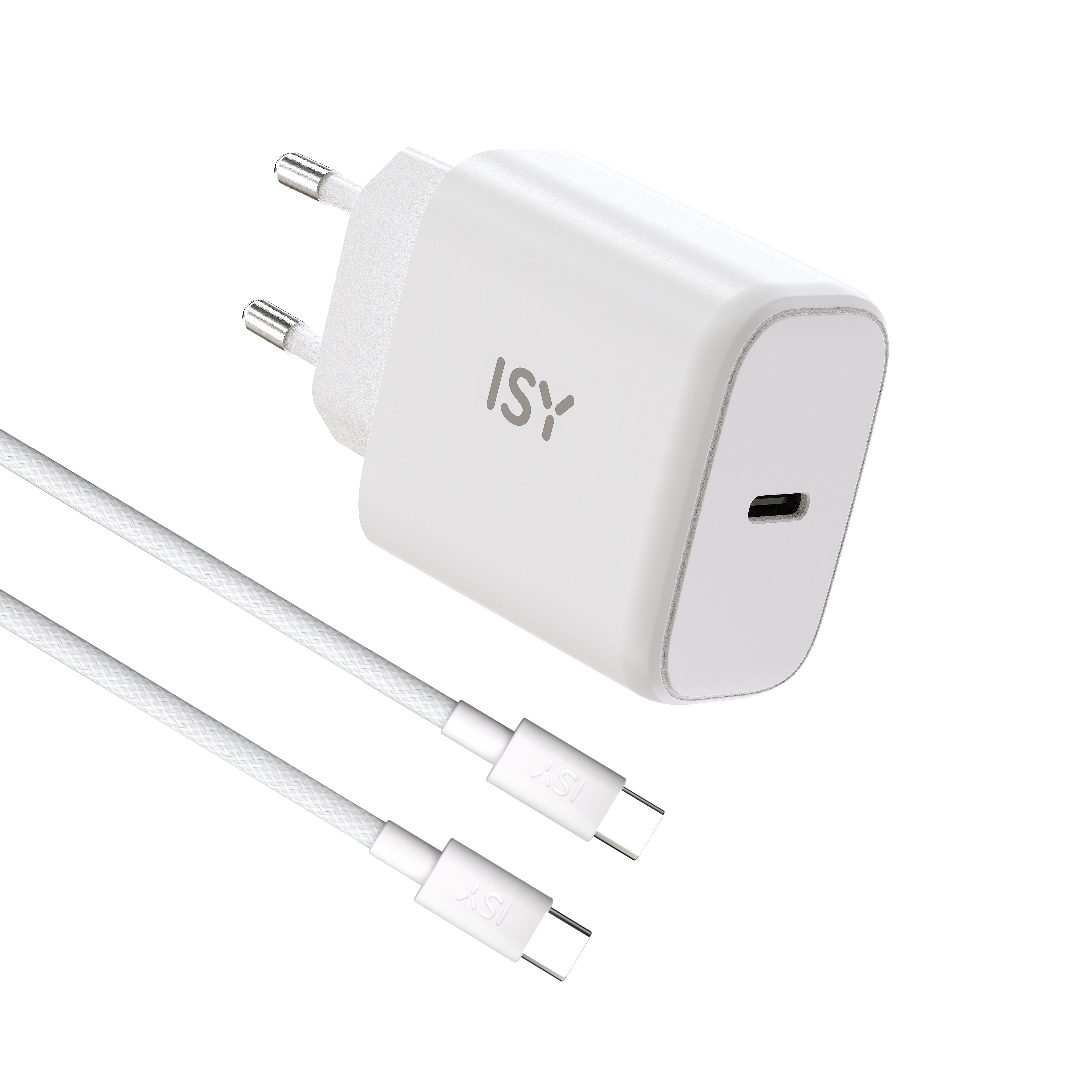 Weißes ISY-Ladegerät mit USB-C-Anschluss und zwei weißen USB-C-Kabeln.