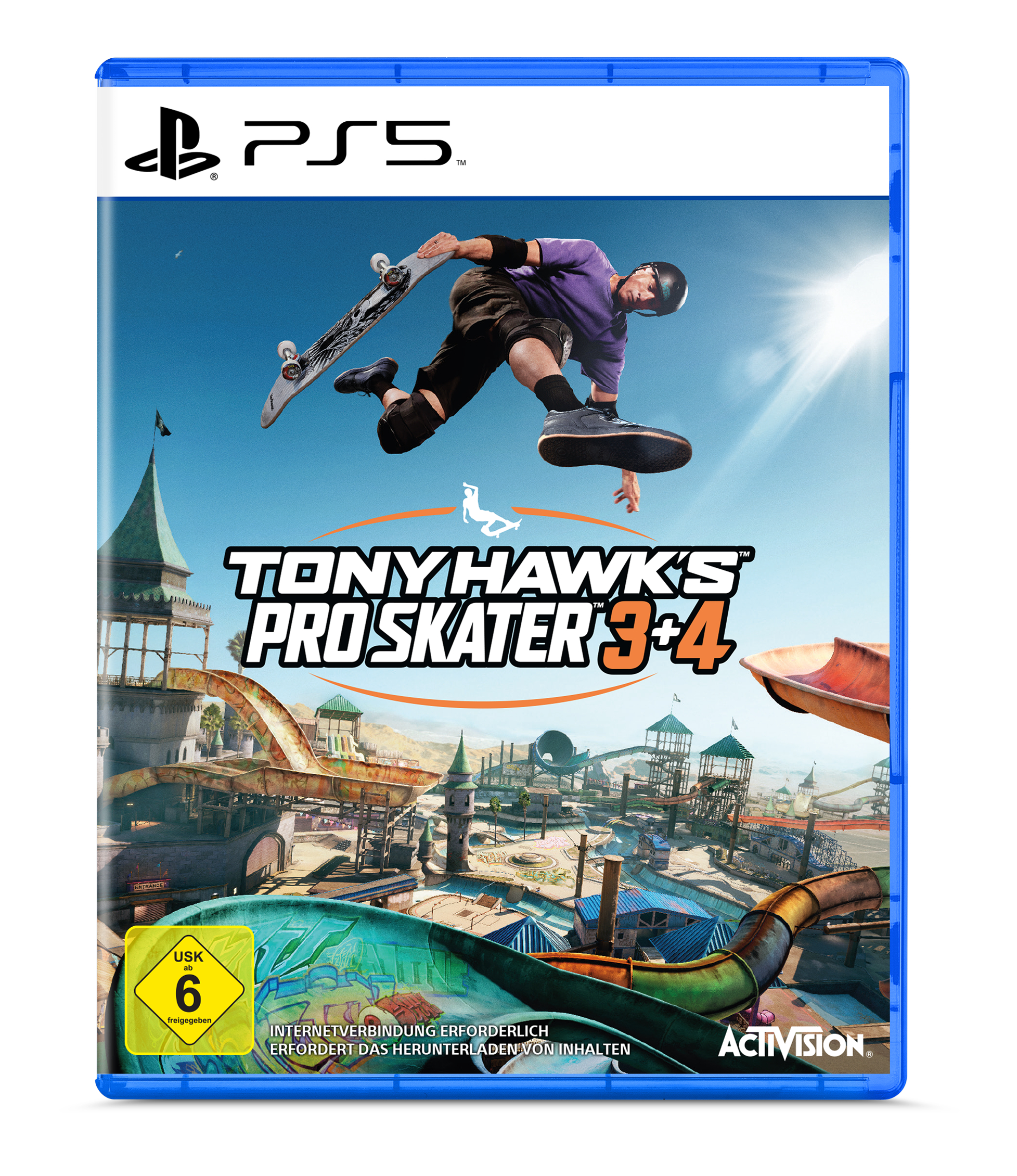 PS5-Spielhülle: Tony Hawk's Pro Skater 3+4. Skateboarder in Aktion, lebendige Skatepark-Szene.