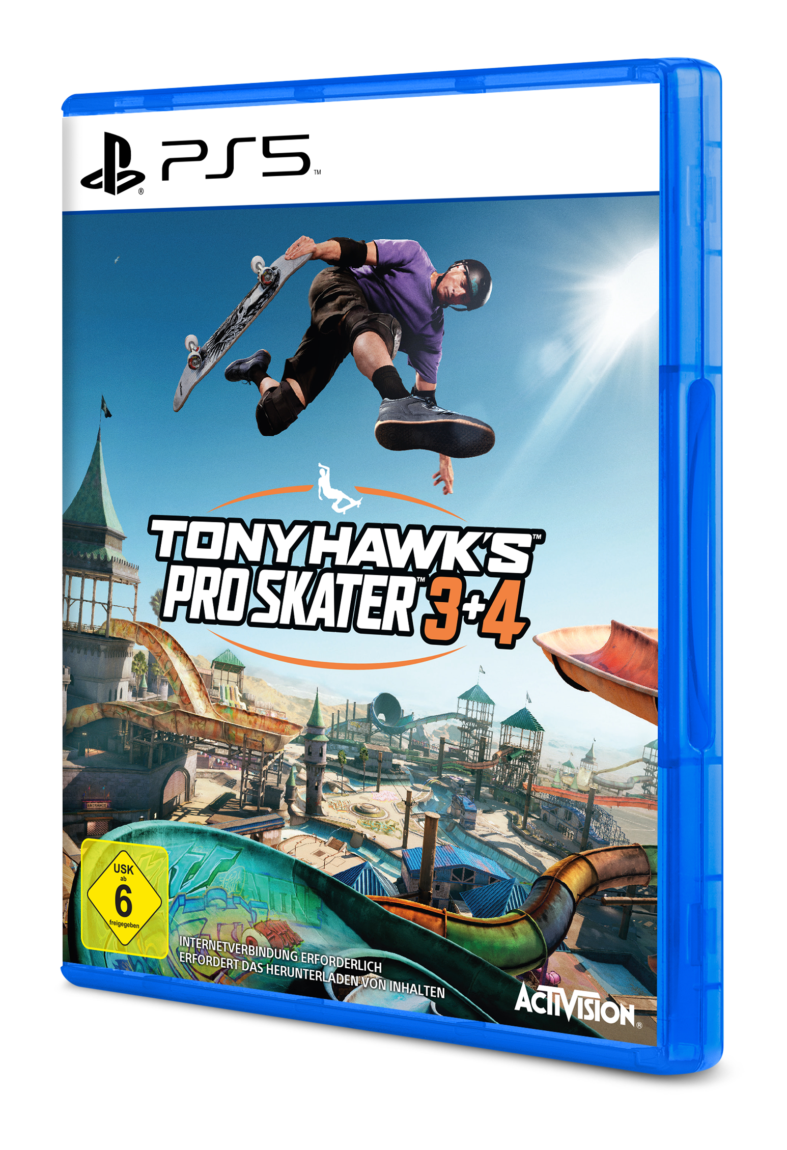 PS5-Spielhülle für Tony Hawk's Pro Skater 3 + 4. Ein Skater ist in der Luft, mit einem Stadt-Hintergrund.