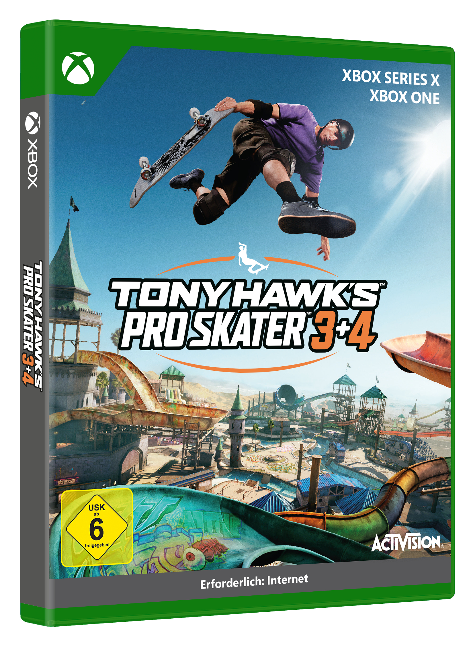 Xbox-Spielbox mit Skater in der Luft. Titel: Tony Hawk's Pro Skater 3+4.