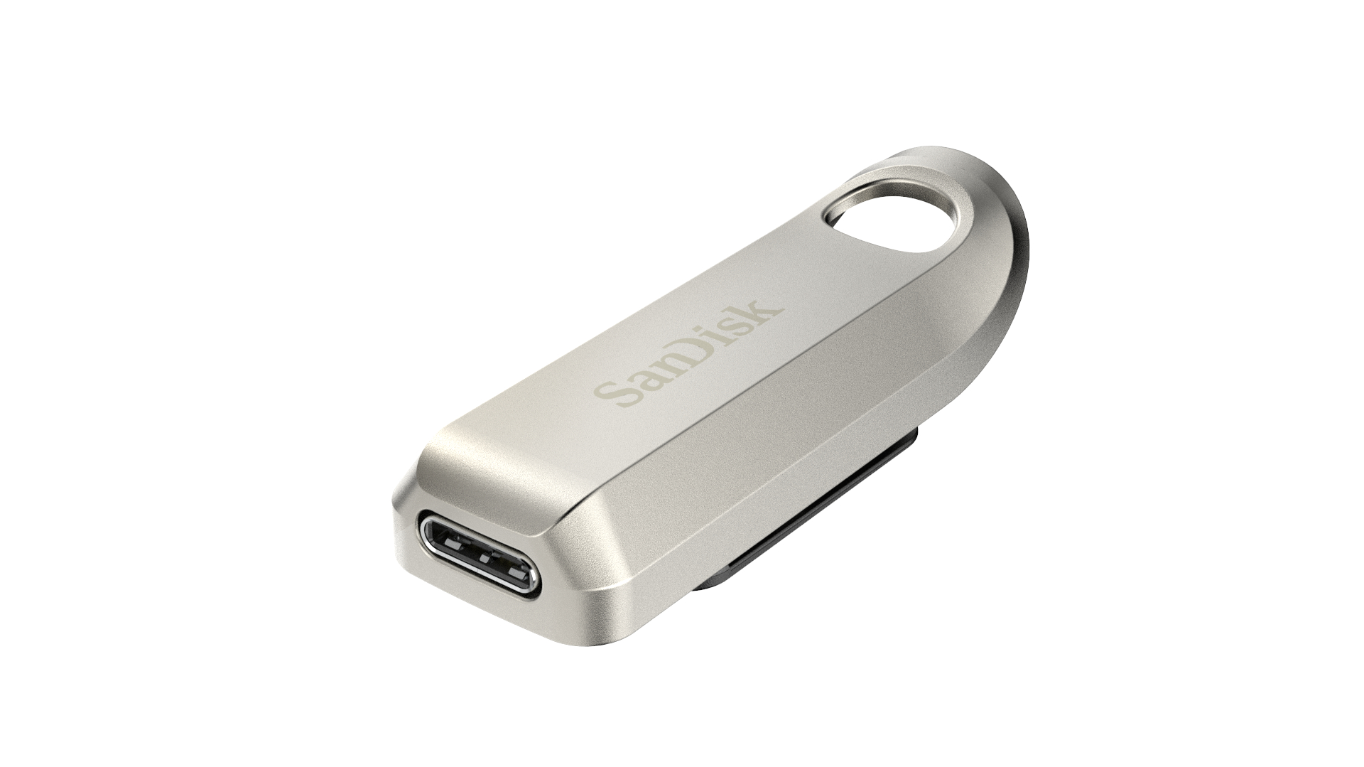 Silberner USB-Stick auf weißem Hintergrund. Der USB hat ein metallisches Finish.