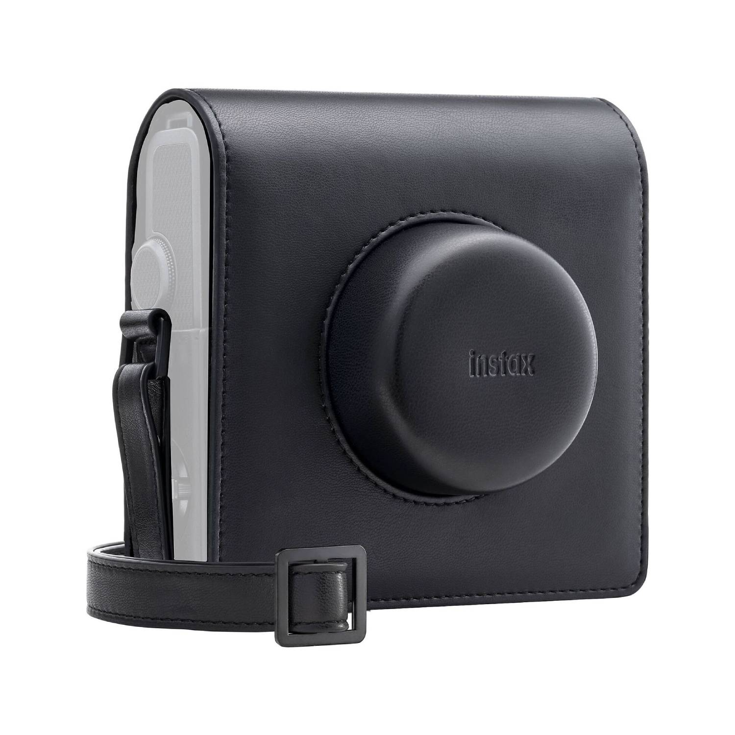 Black leather camera case with a strap and a lens cover, for an instax camera.