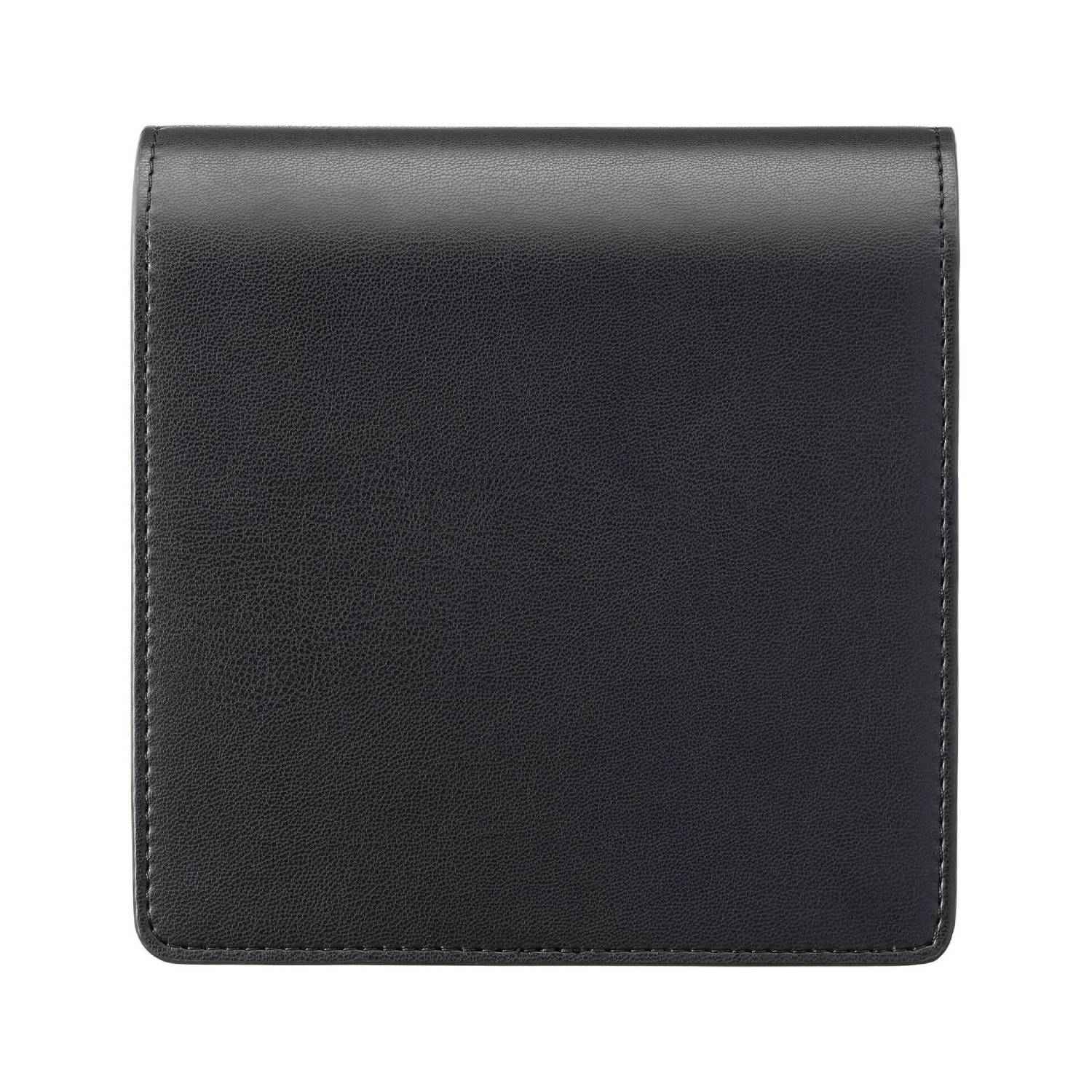 Black leather wallet, closed, with simple stitching detail around the edges.
