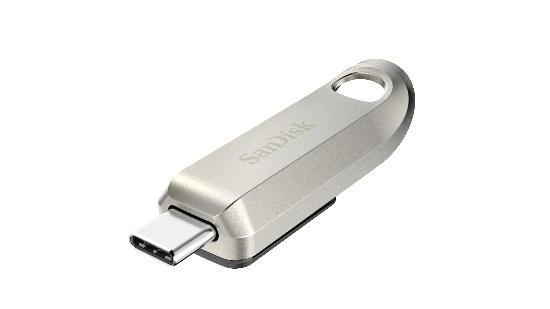 Ein silberner USB-Stick mit Kappe und USB-C-Anschluss, isoliert auf weißem Hintergrund.