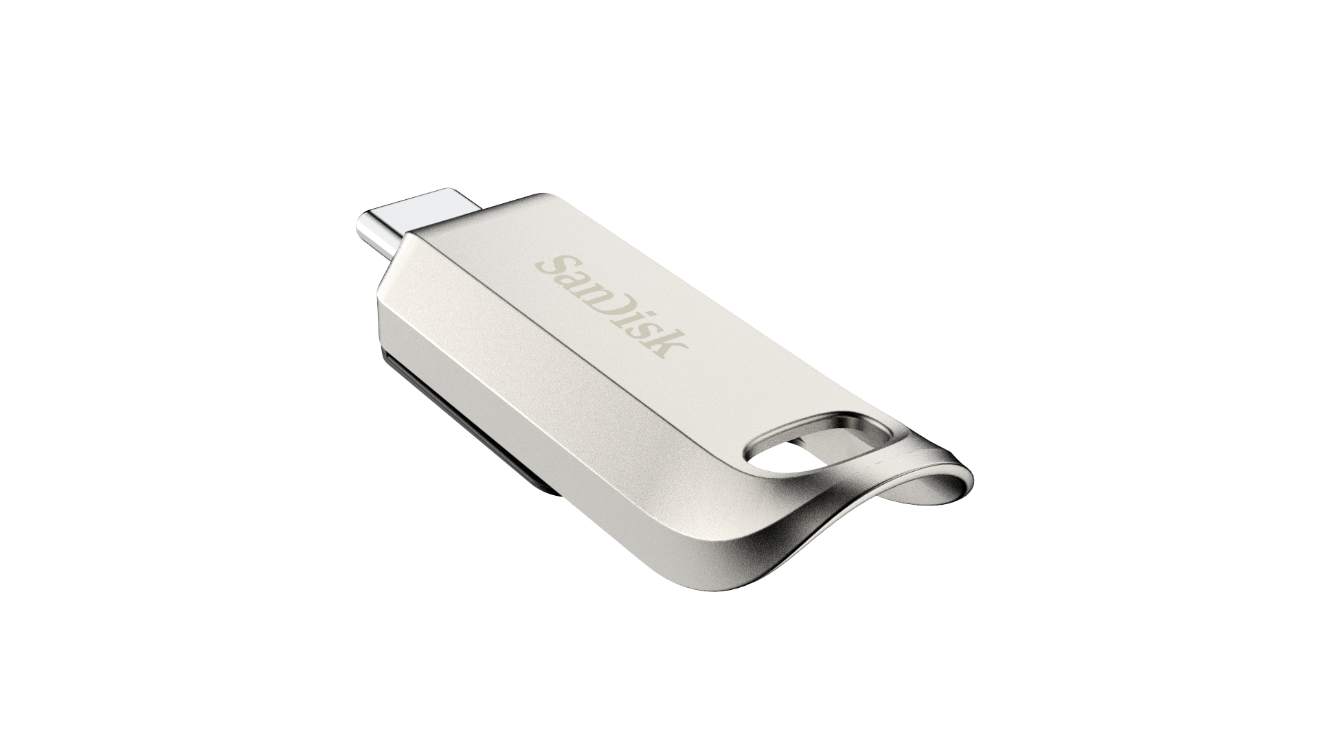 Silberner SanDisk USB-Stick, schräge Ansicht, auf weißem Hintergrund.
