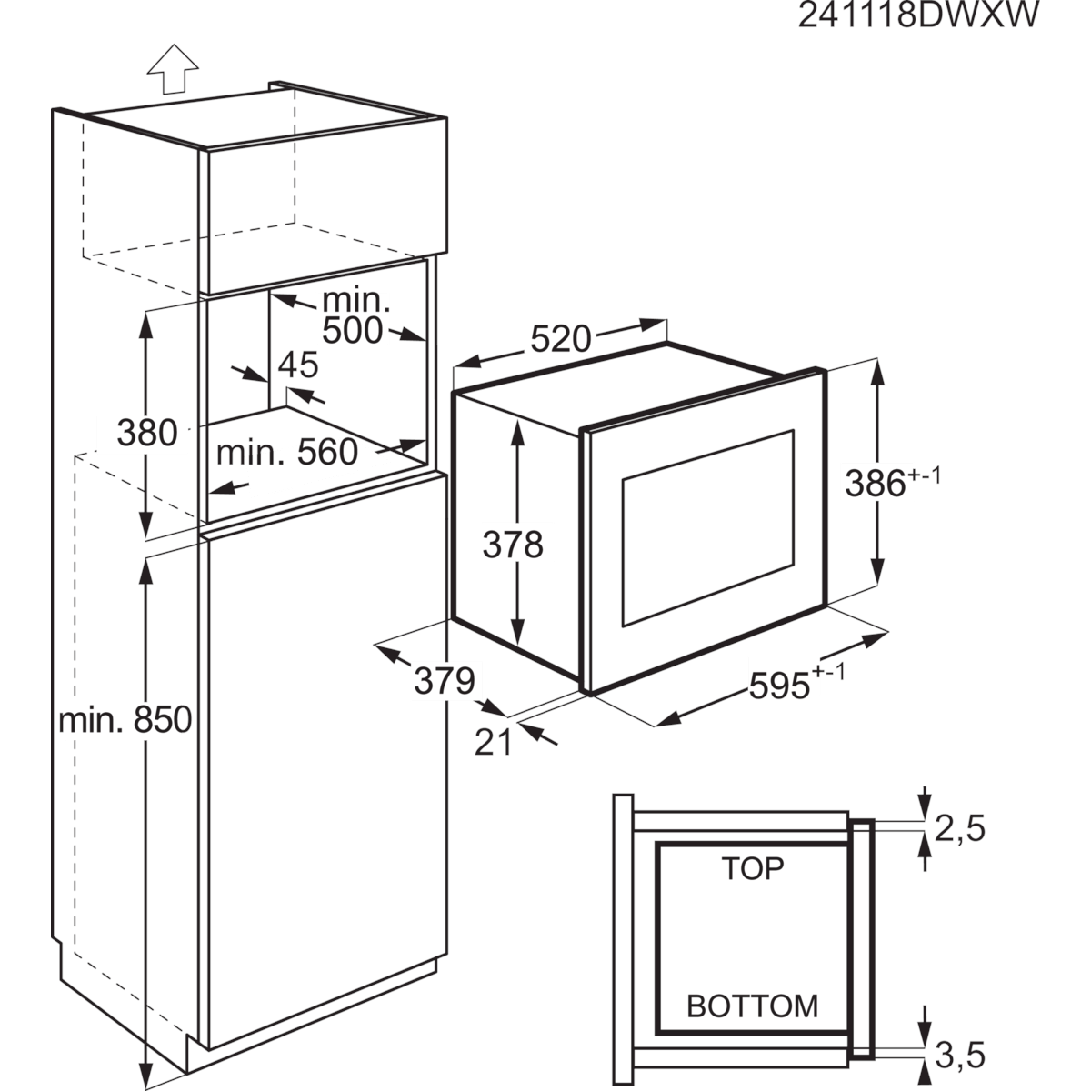 Beépített sütő diagramja, méretekkel milliméterben. A sütő fehér körvonala.