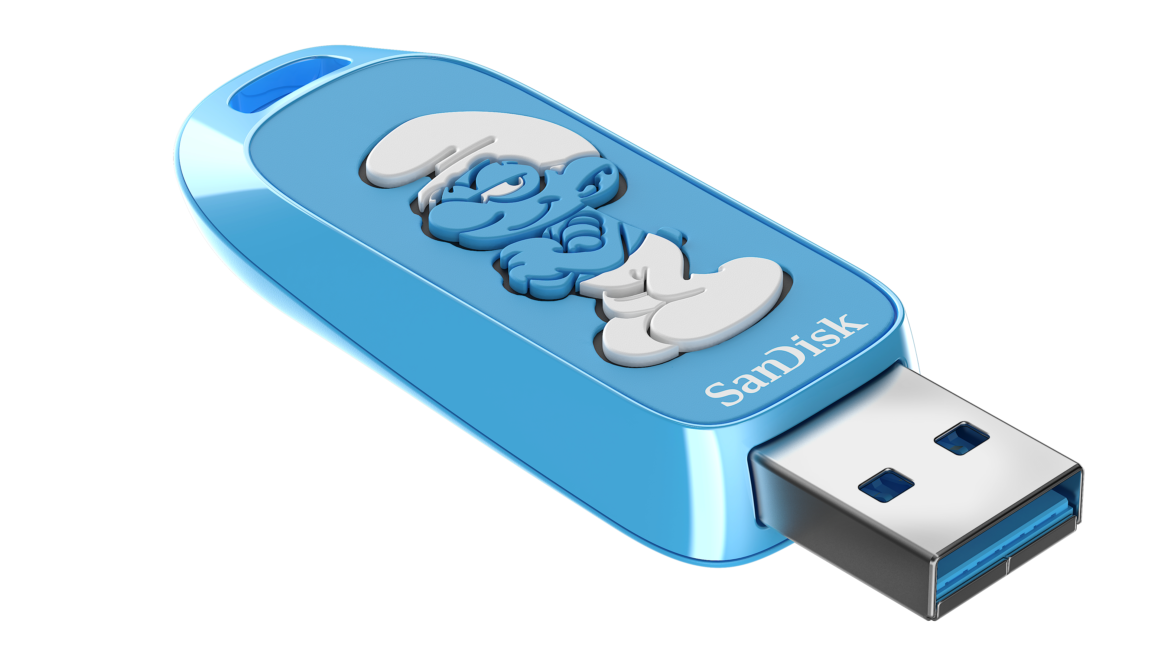 Eine Hand, die einen kleinen, weißen USB-Stick mit blauem USB-Anschluss hält.