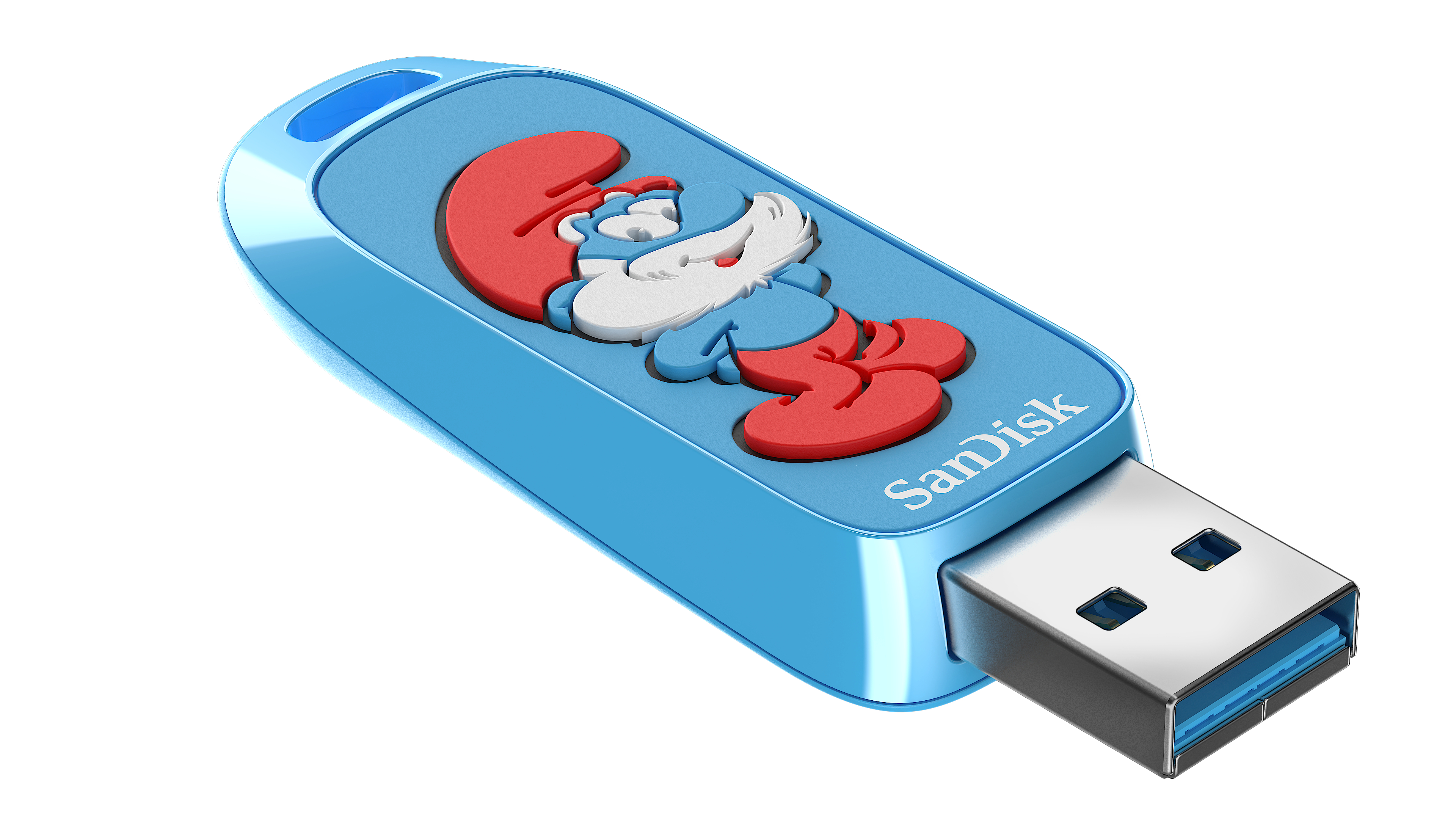 Blauer USB-Stick mit Schlumpf-Figur. Weißer Hintergrund.