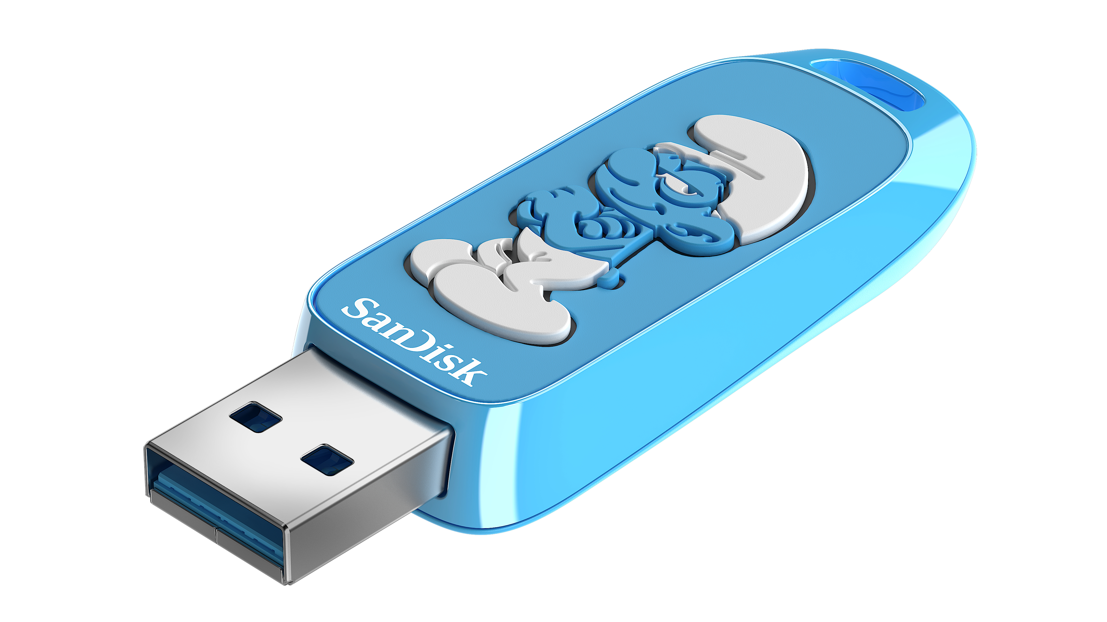 Ein blauer USB-Stick mit einer Schlümpfe-Figur darauf.