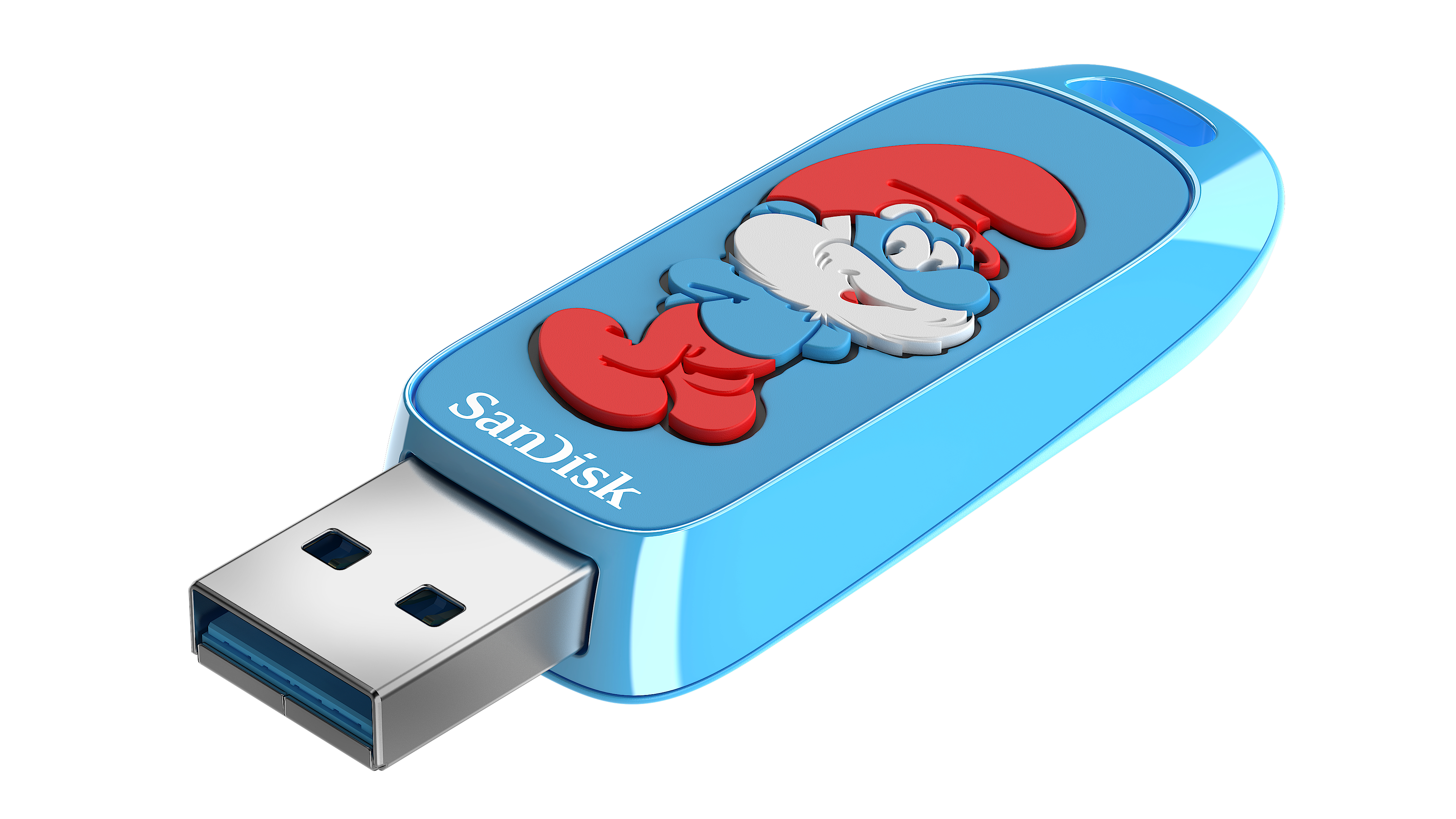 Ein blauer USB-Stick mit einer Cartoon-Schlumpffigur und dem Sandisk-Logo.