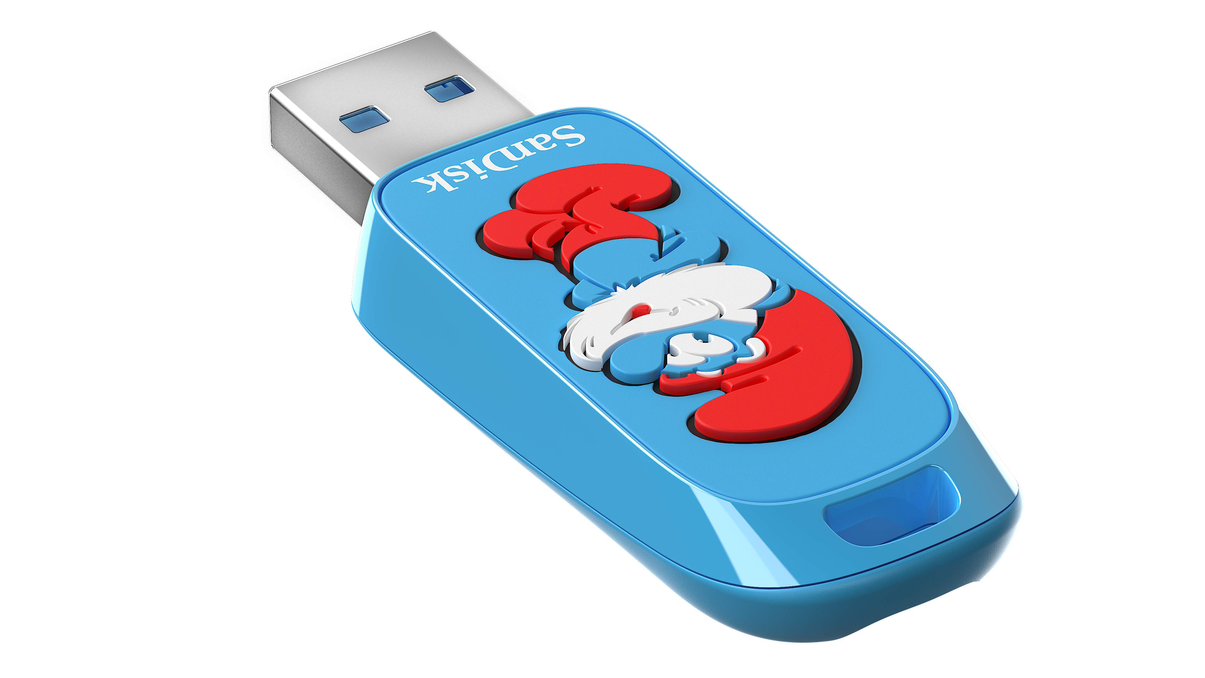 Blauer SanDisk USB-Stick mit Schlümpfe-Charakteren.