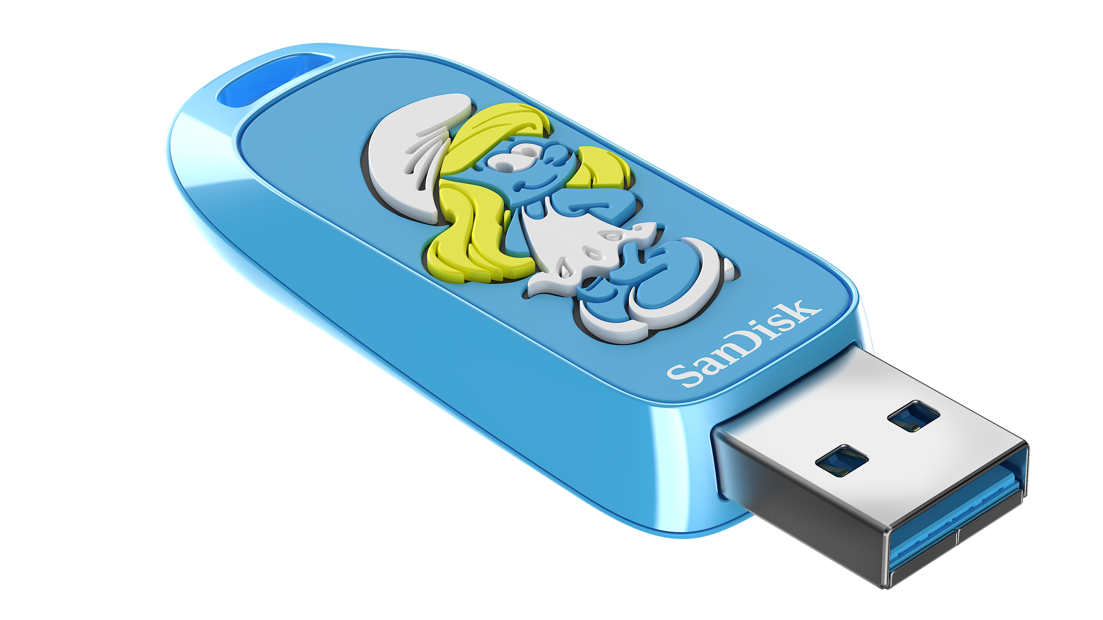 Blauer USB-Stick mit Smurfette-Figur und Sandisk-Logo. Der USB-Anschluss ist fokussiert.