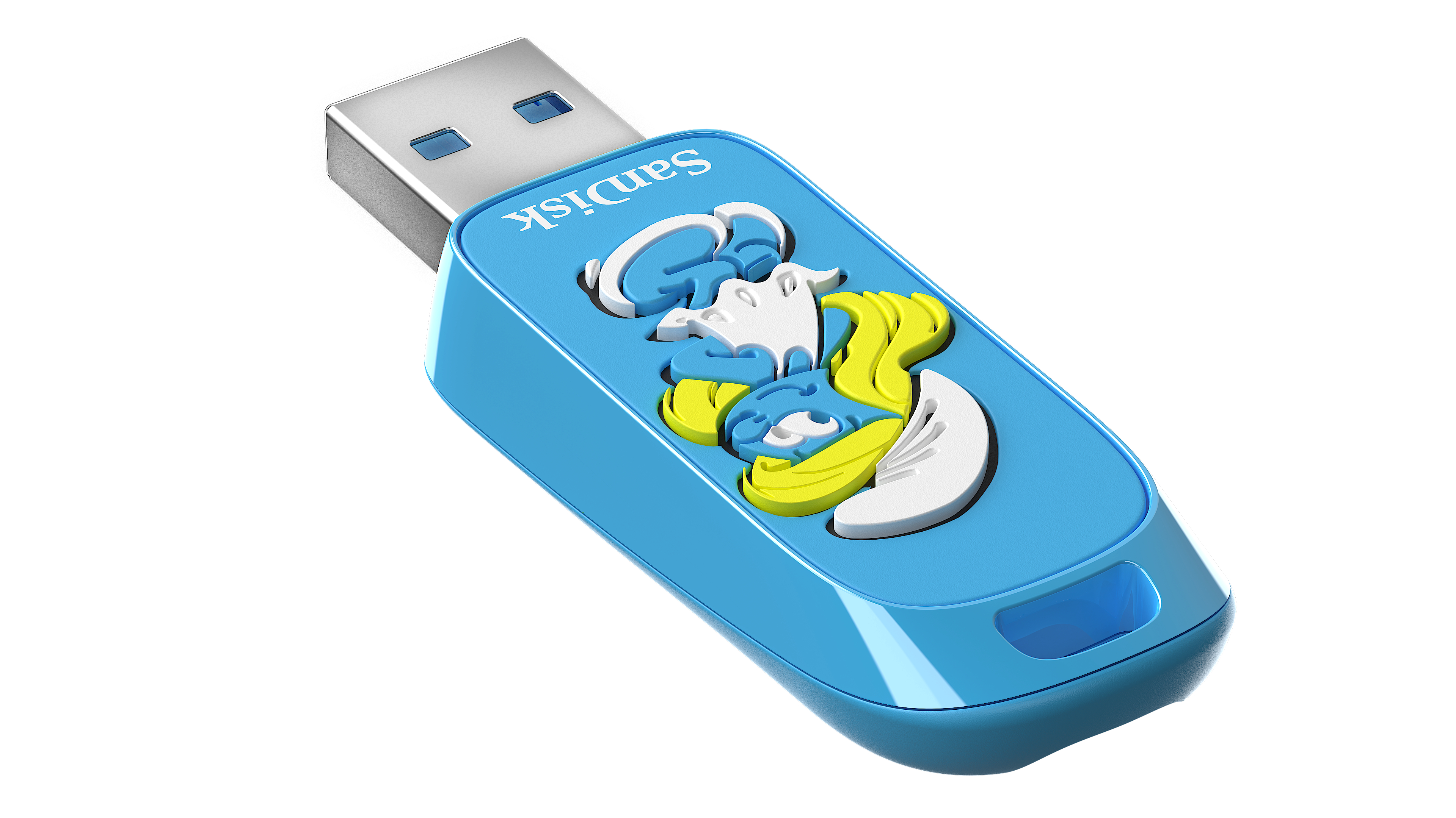 Blauer Sandisk USB-Stick mit Smurfette-Design. Es ist auf weißem Hintergrund.