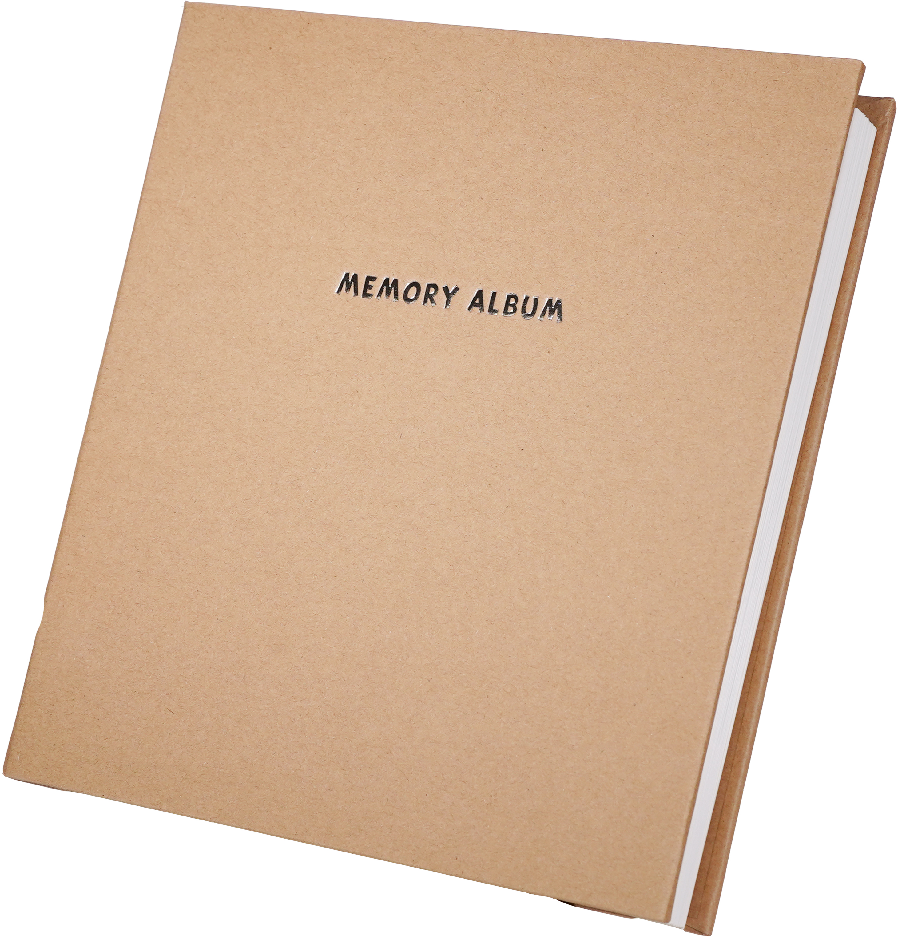 Egy zárt, világosbarna emlékalbum, a borítón a 'MEMORY ALBUM' felirattal. Fehér oldalak láthatók.