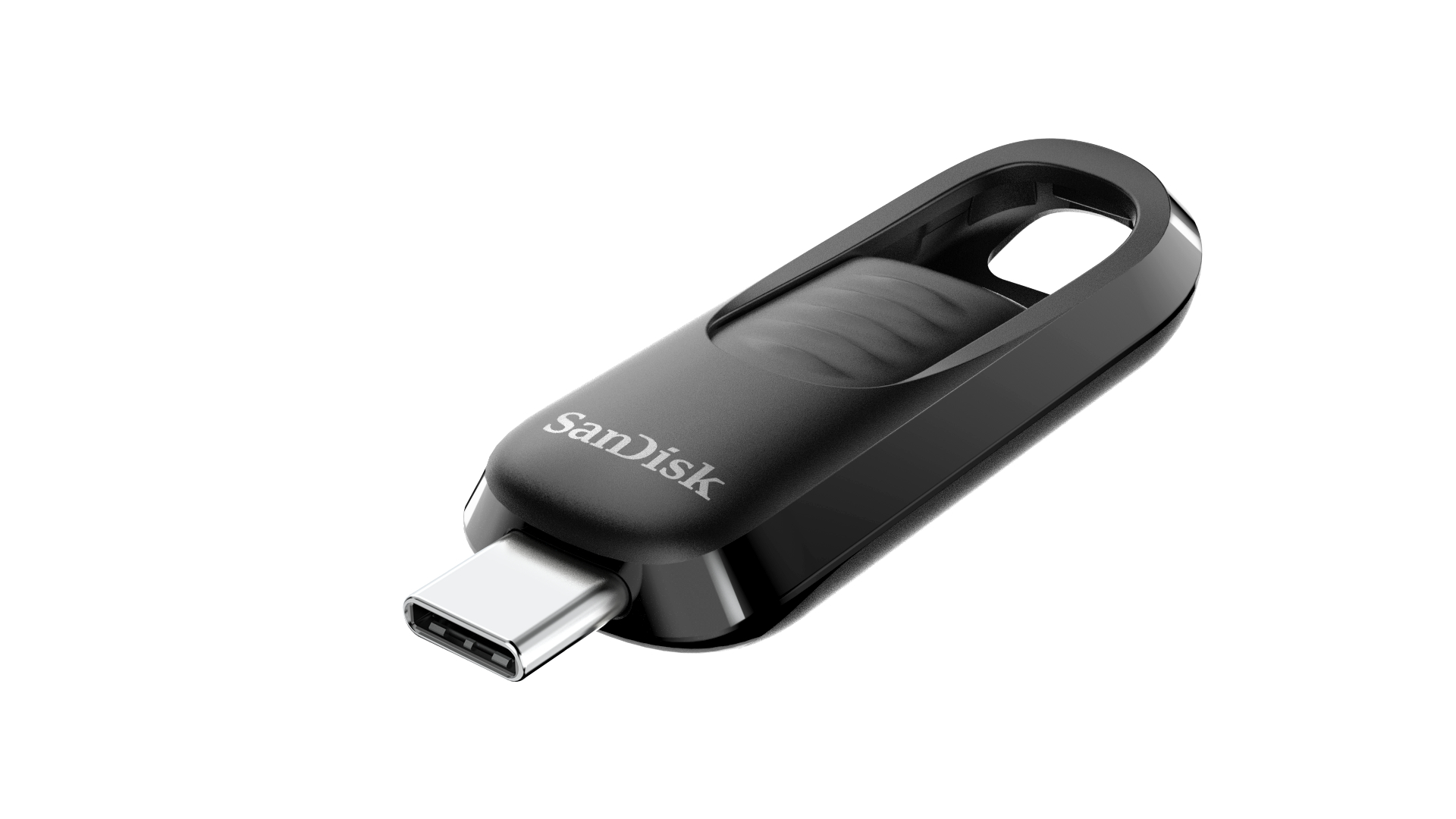 Ein schwarzer Sandisk USB-Stick mit silbernem USB-C-Anschluss, isoliert auf weißem Hintergrund.