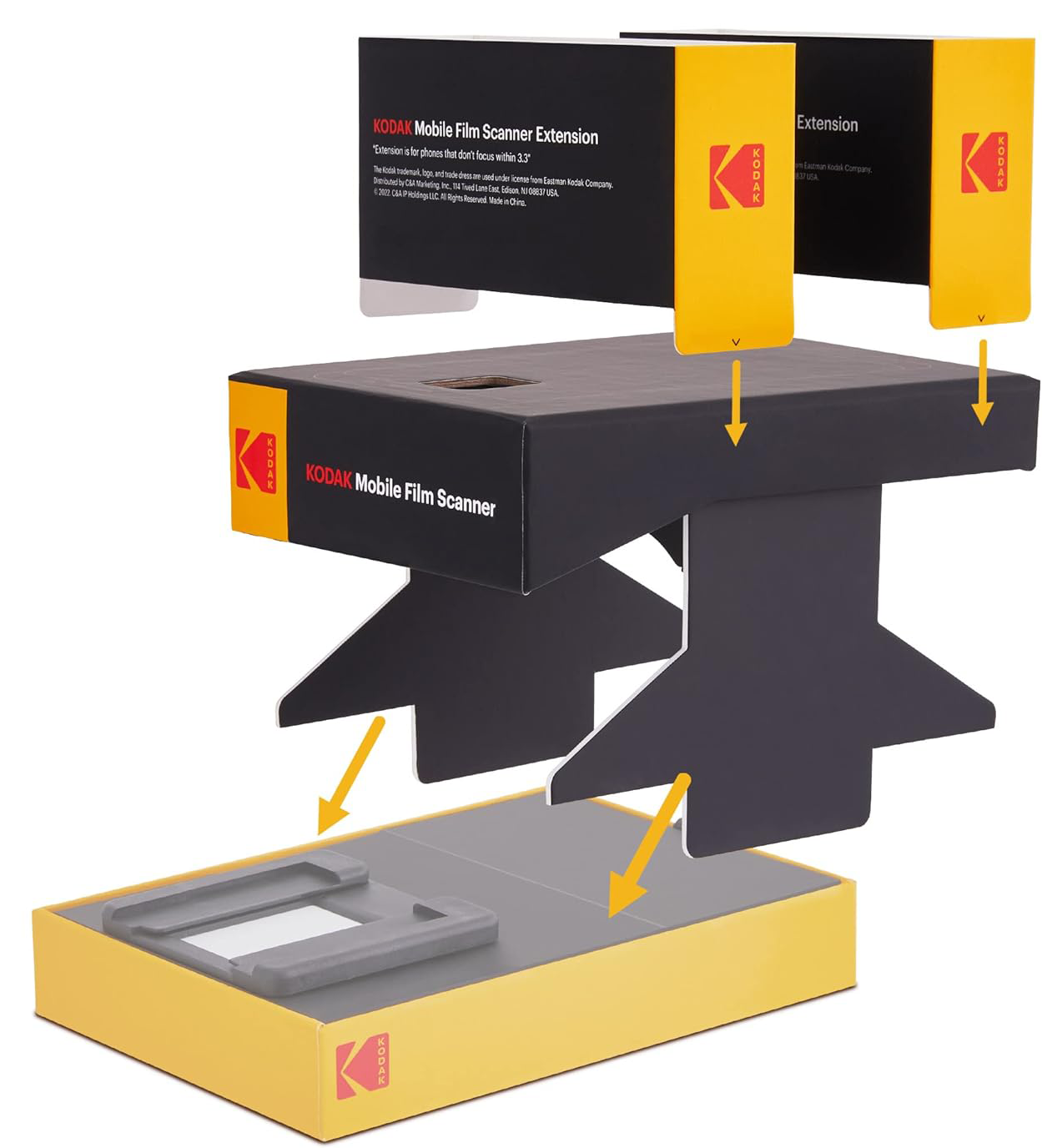 Kodak Mobile Film Scanner készlet. Fekete és sárga dobozok nyilakkal, amelyek az összeszerelést jelzik. Tartalmaz szkennert, bővítményeket és tálcát.