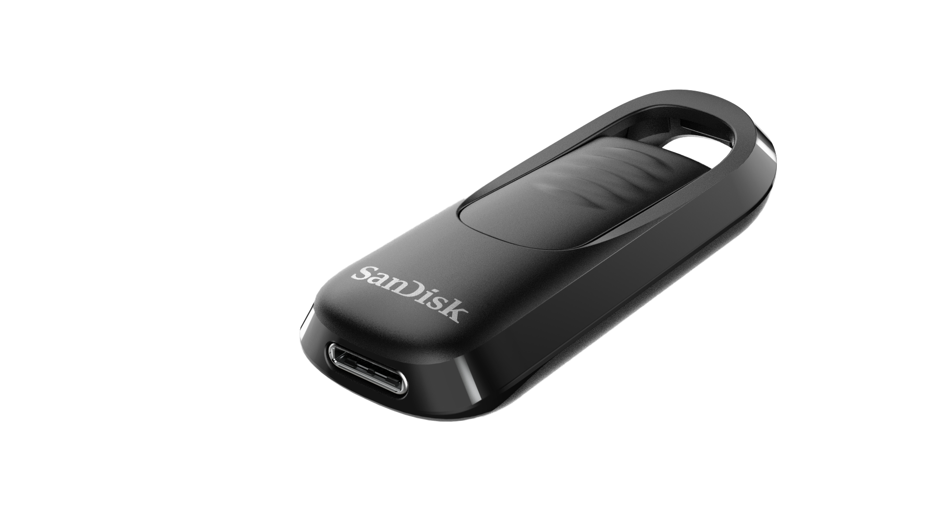 Schwarzer USB-Stick mit rundem Design und der Marke Sandisk auf der Seite. Weißer Hintergrund.