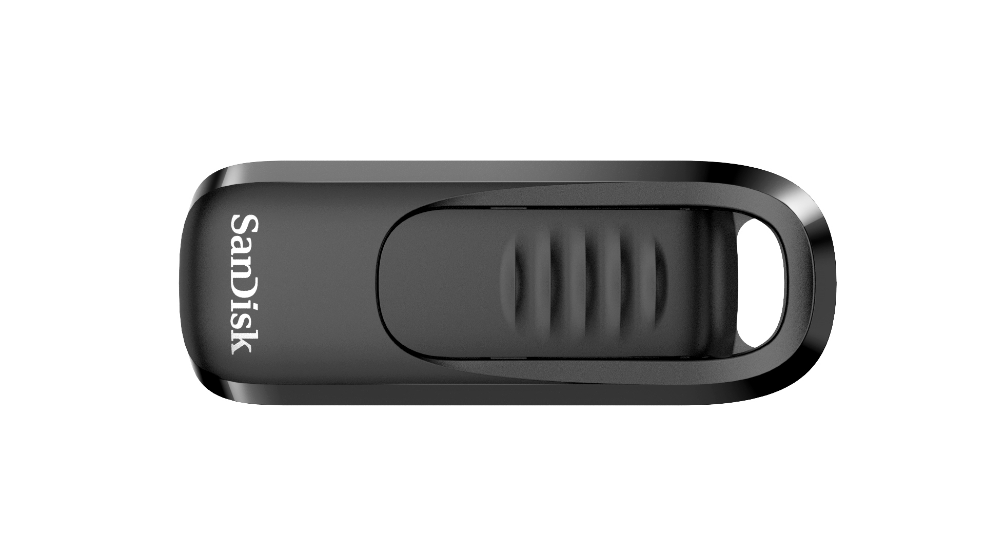 Schwarzer SanDisk USB-Stick. Er hat einen Schiebemechanismus für den USB-Anschluss.
