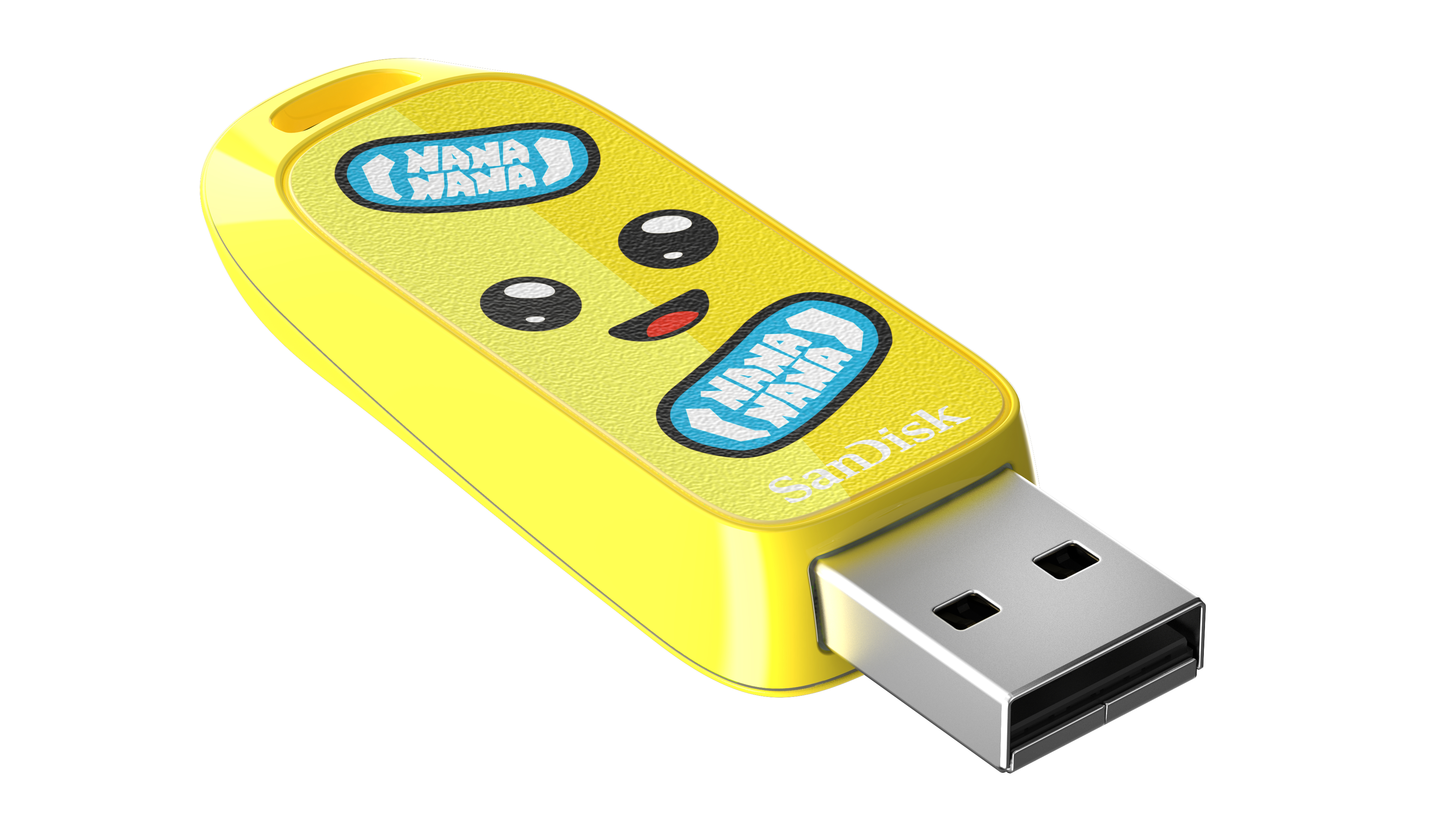 Gelber USB-Stick mit einem lächelnden Gesicht.
