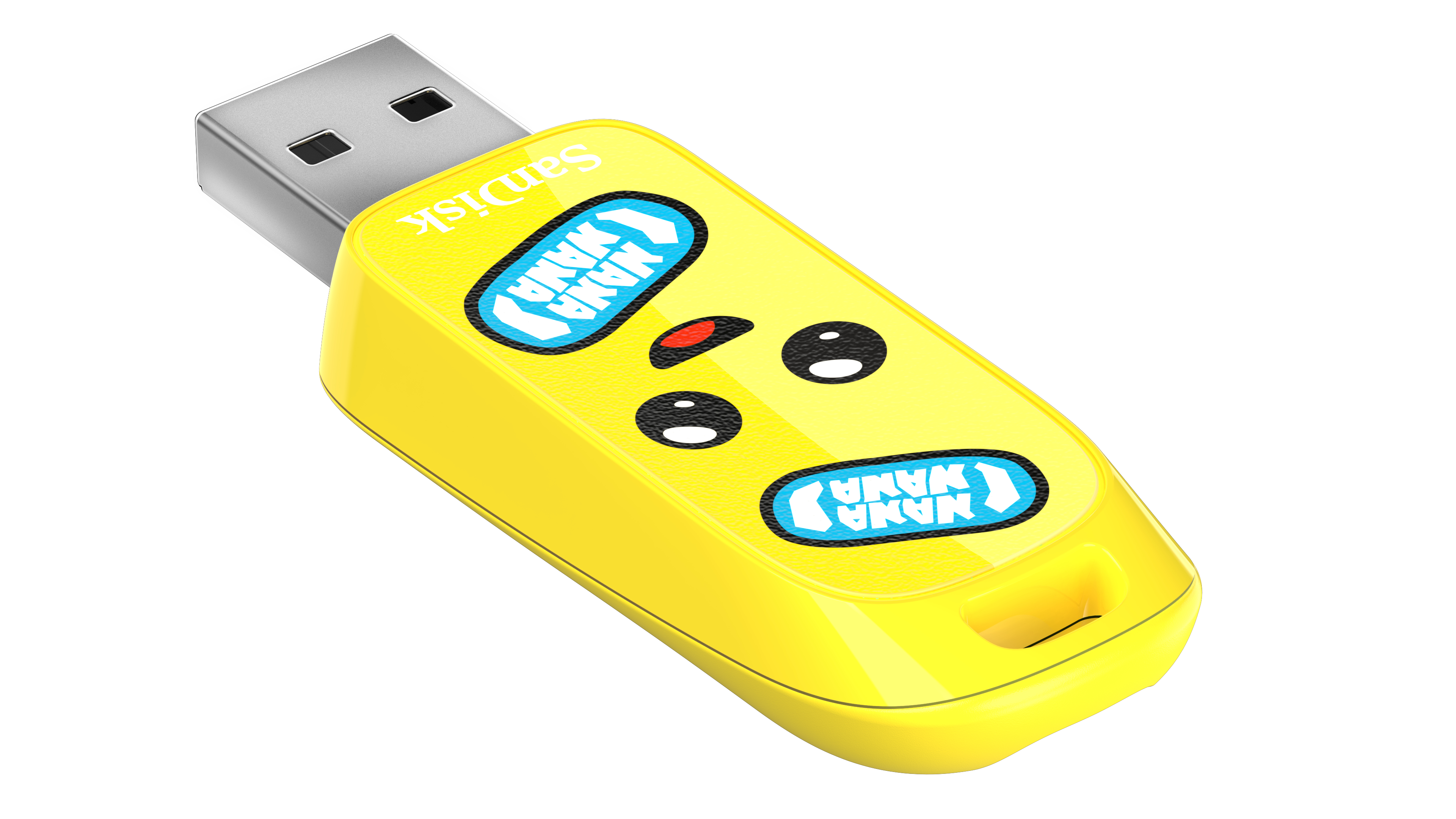 Ein gelber Sandisk USB-Stick mit Cartoon-Gesicht und den Worten NANA NANA.