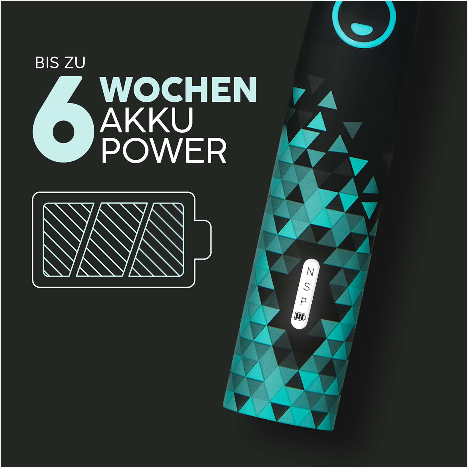 Ein schwarzes Gerät mit grünen und tealfarbenen Dreiecken, mit Text '6 Wochen Akku Power'.