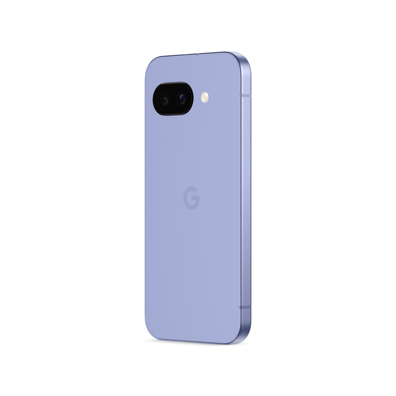 Un smartphone de couleur lavande avec une configuration à double caméra à l'arrière et le logo Google.