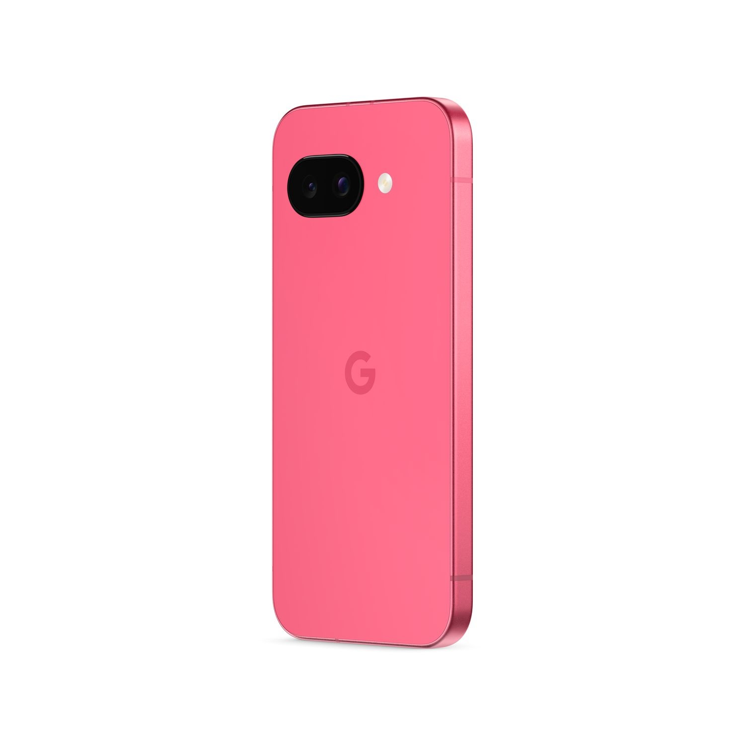 Pink Google phone on a white surface.