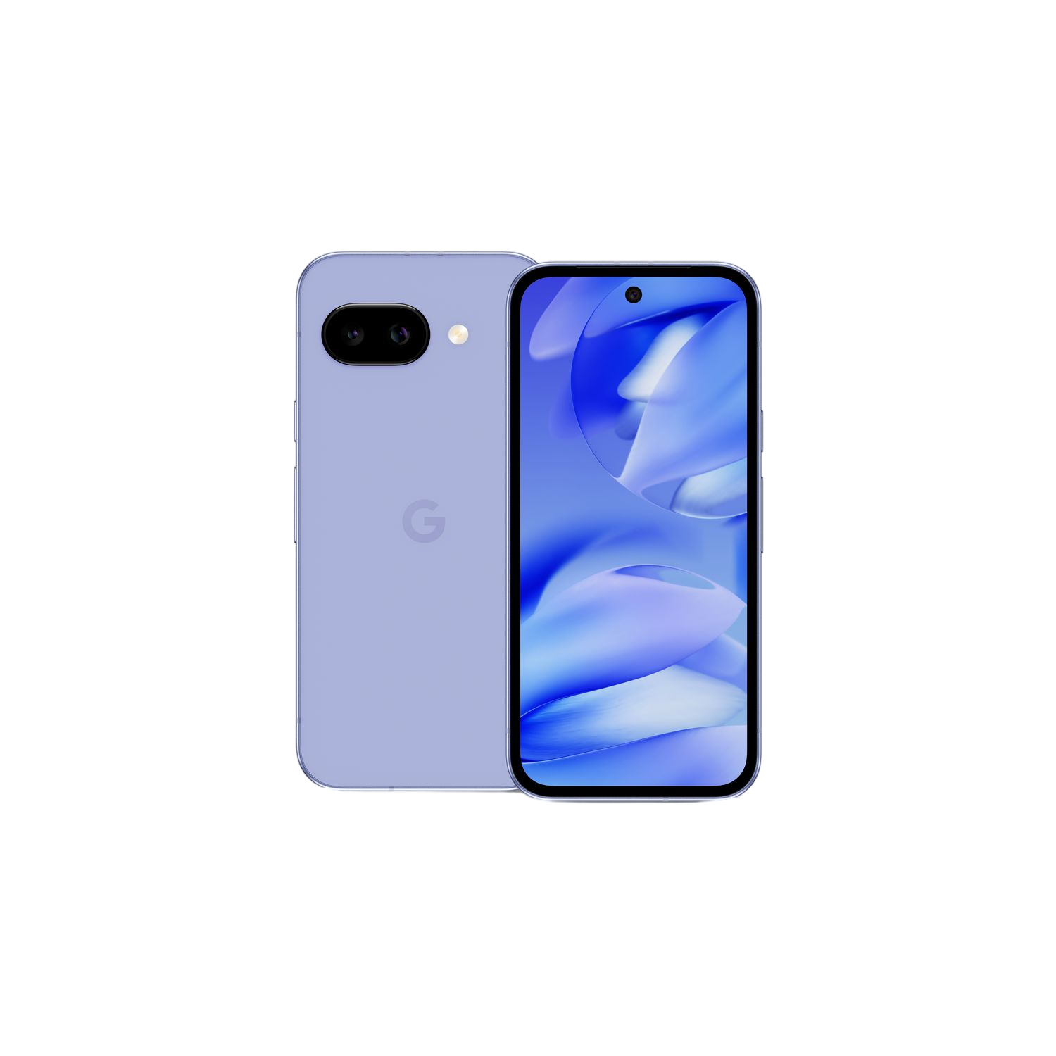 Un téléphone Google lavande, vu de dos et de côté, sur fond noir.