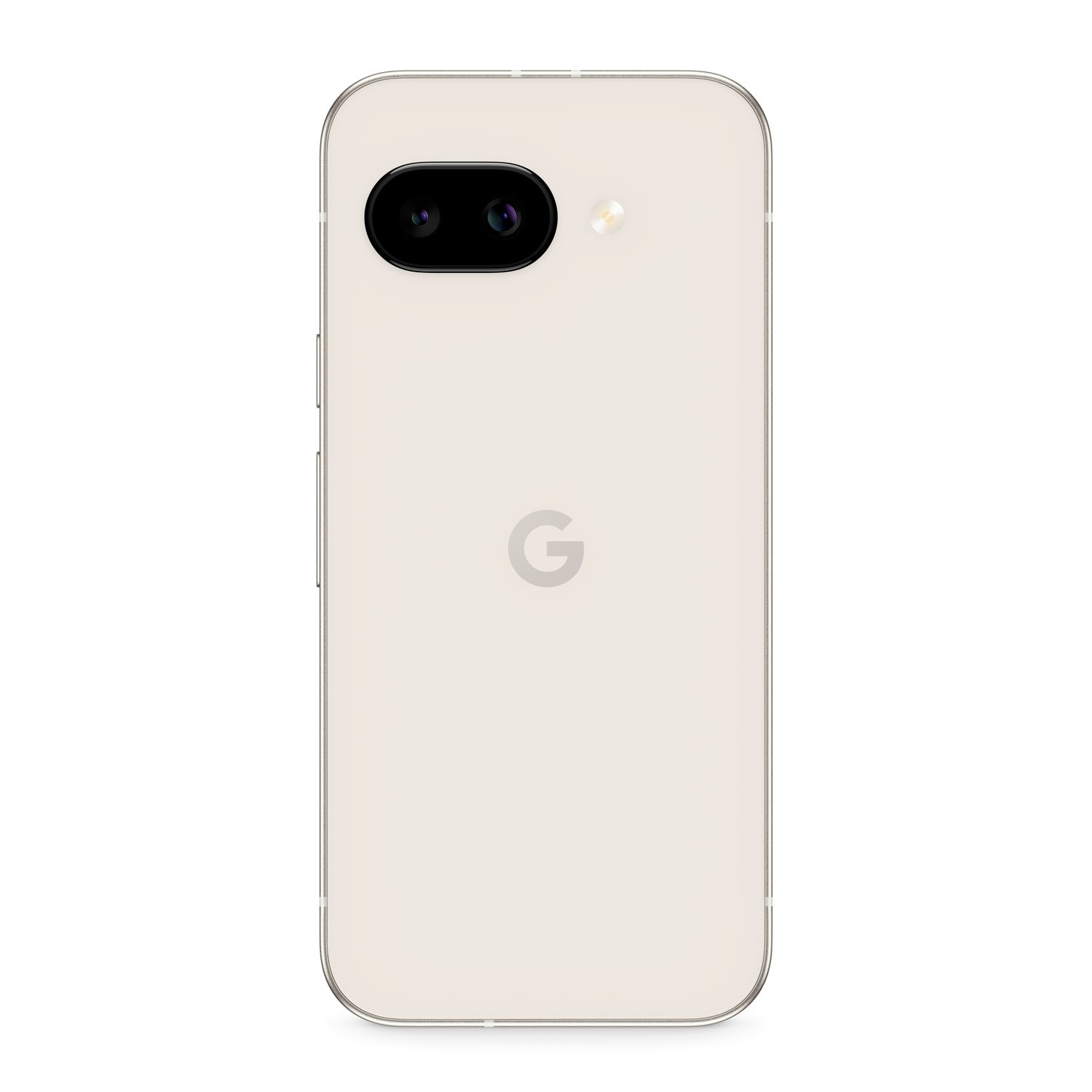 Crèmekleurige telefoon met dubbele camera's en een Google-logo op de achterkant. Wit.