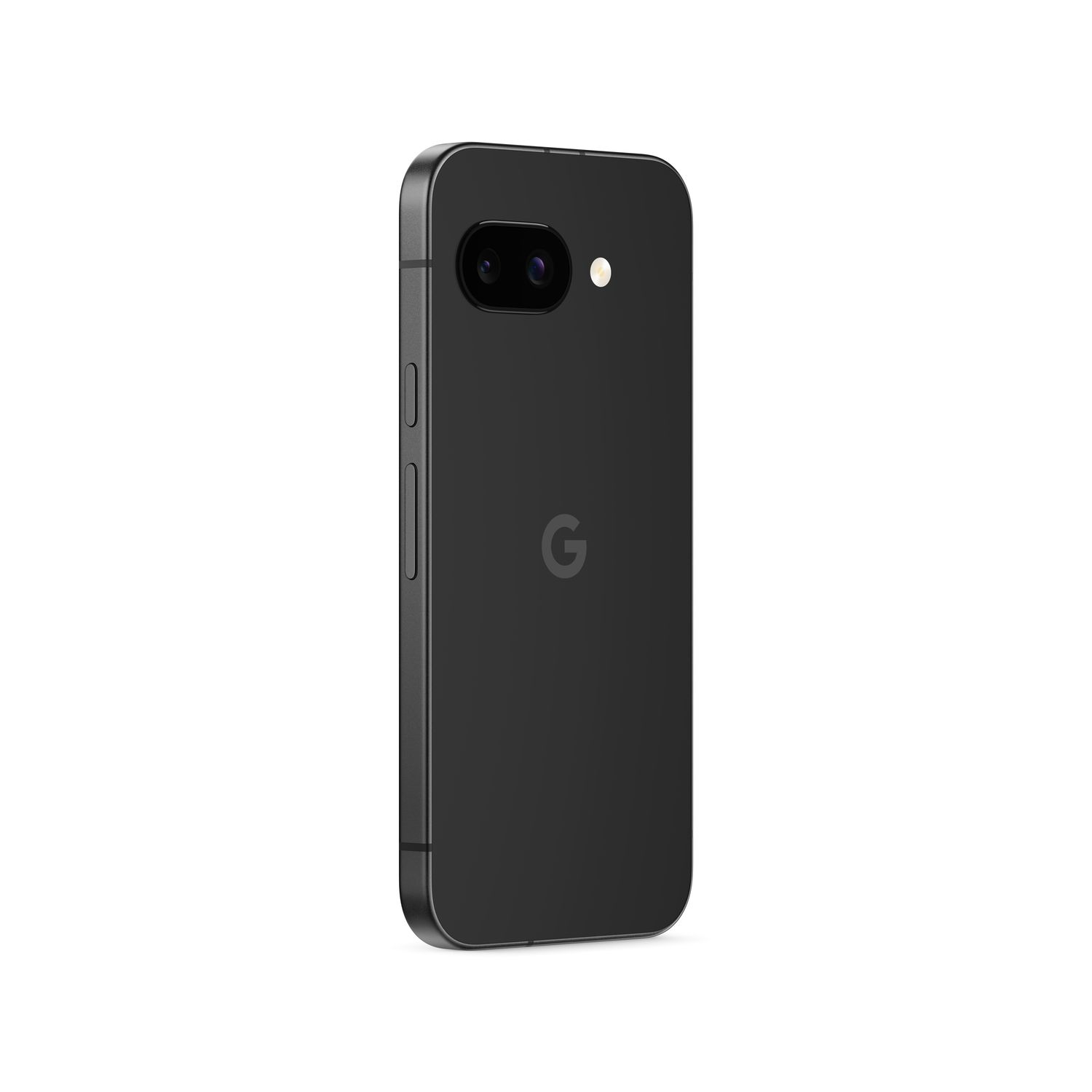 Achterkant van zwarte Pixel-telefoon, witte achtergrond.