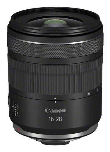 Schwarzes Canon 16-28 Objektiv mit strukturierter Grifffläche und Fokusring.