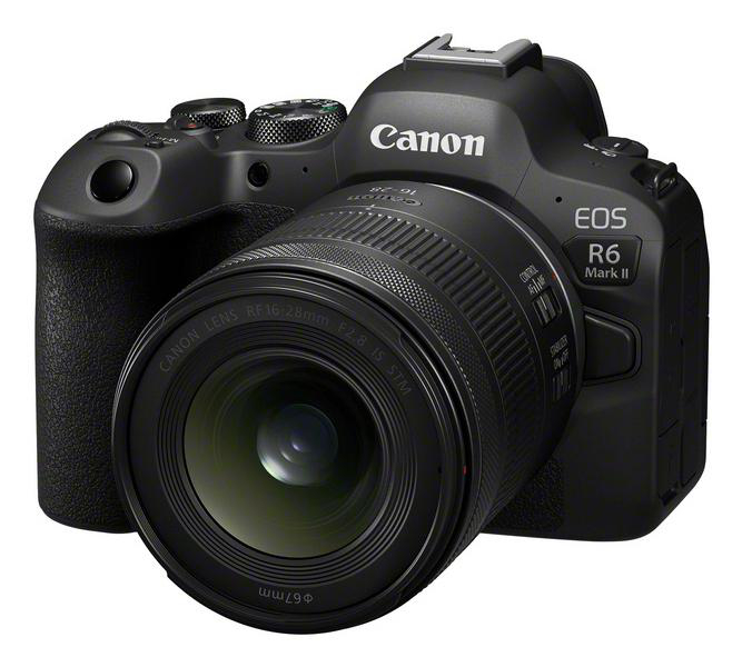 Canon EOS R6 Mark II Kamera mit Objektiv. Die Kamera ist schwarz und abgewinkelt.