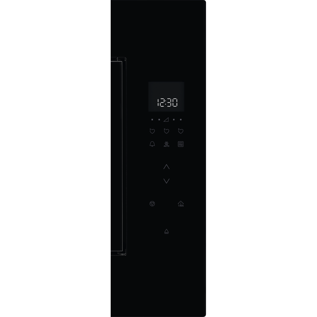 Fekete mikrohullámú panel digitális órával, vezérlőgombokkal, karcsú dizájnnal.