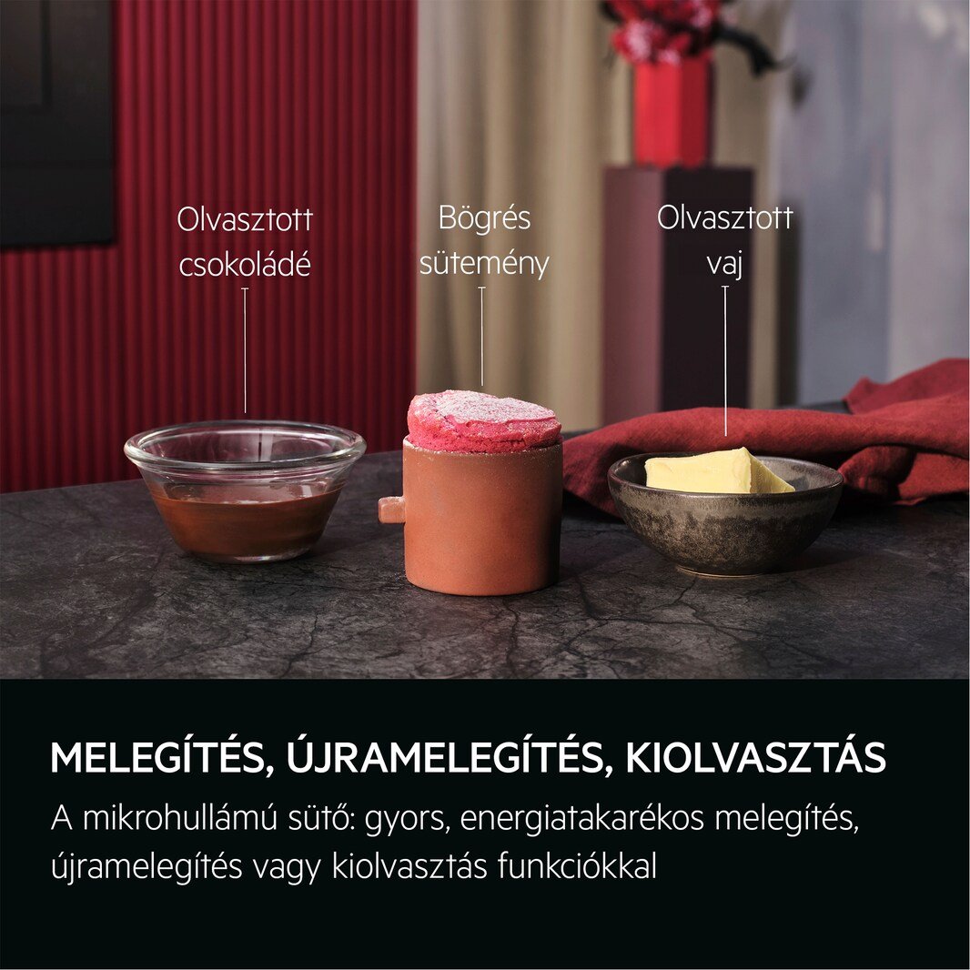 Három tál: olvasztott csokoládé, sült sütemény és vaj, magyar felirattal, asztalon.