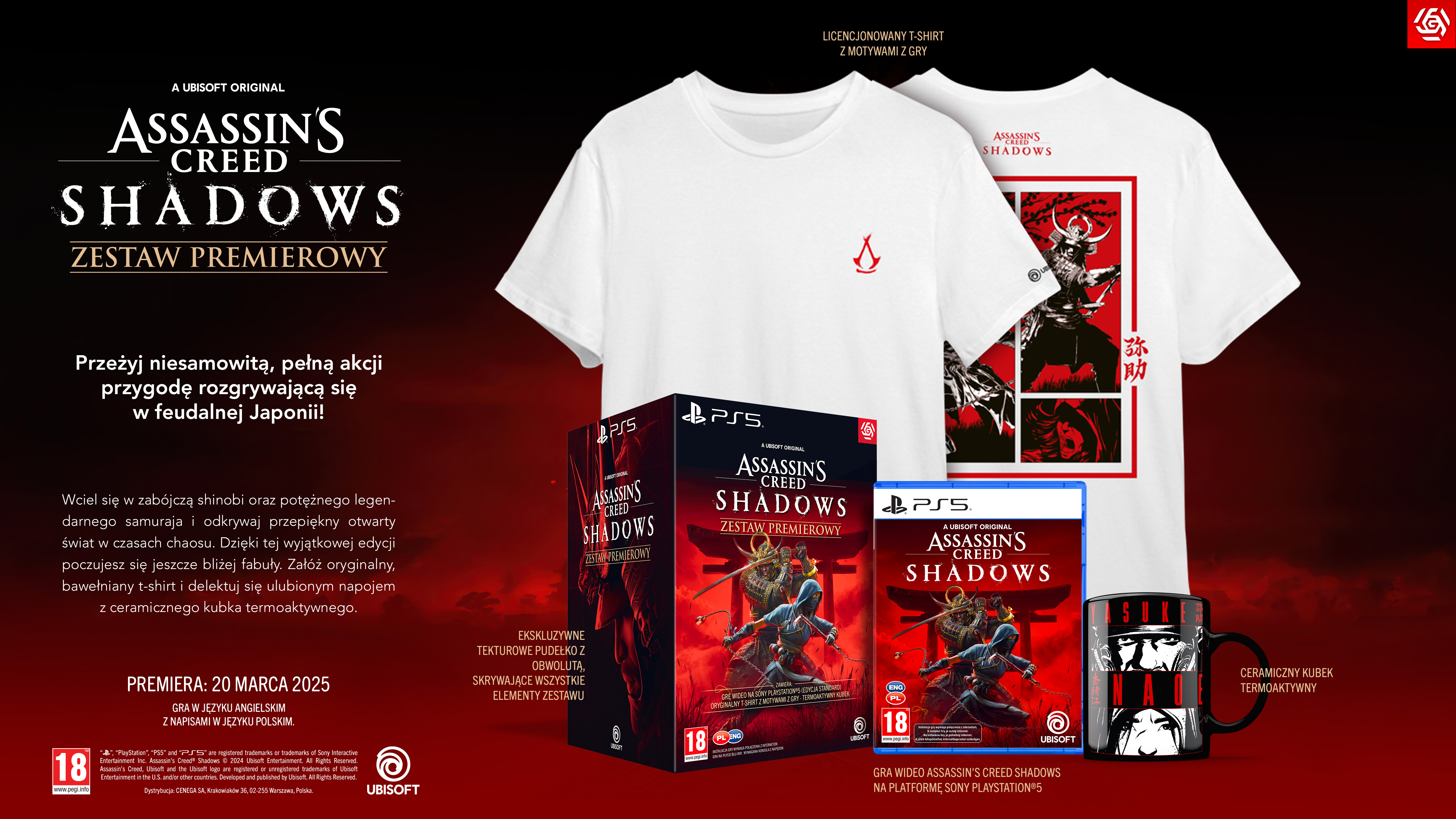 Zestaw promocyjny gry 'Assassin's Creed Shadows' z koszulkami, kubkiem i pudełkiem z grą. Na czerwonym tle.