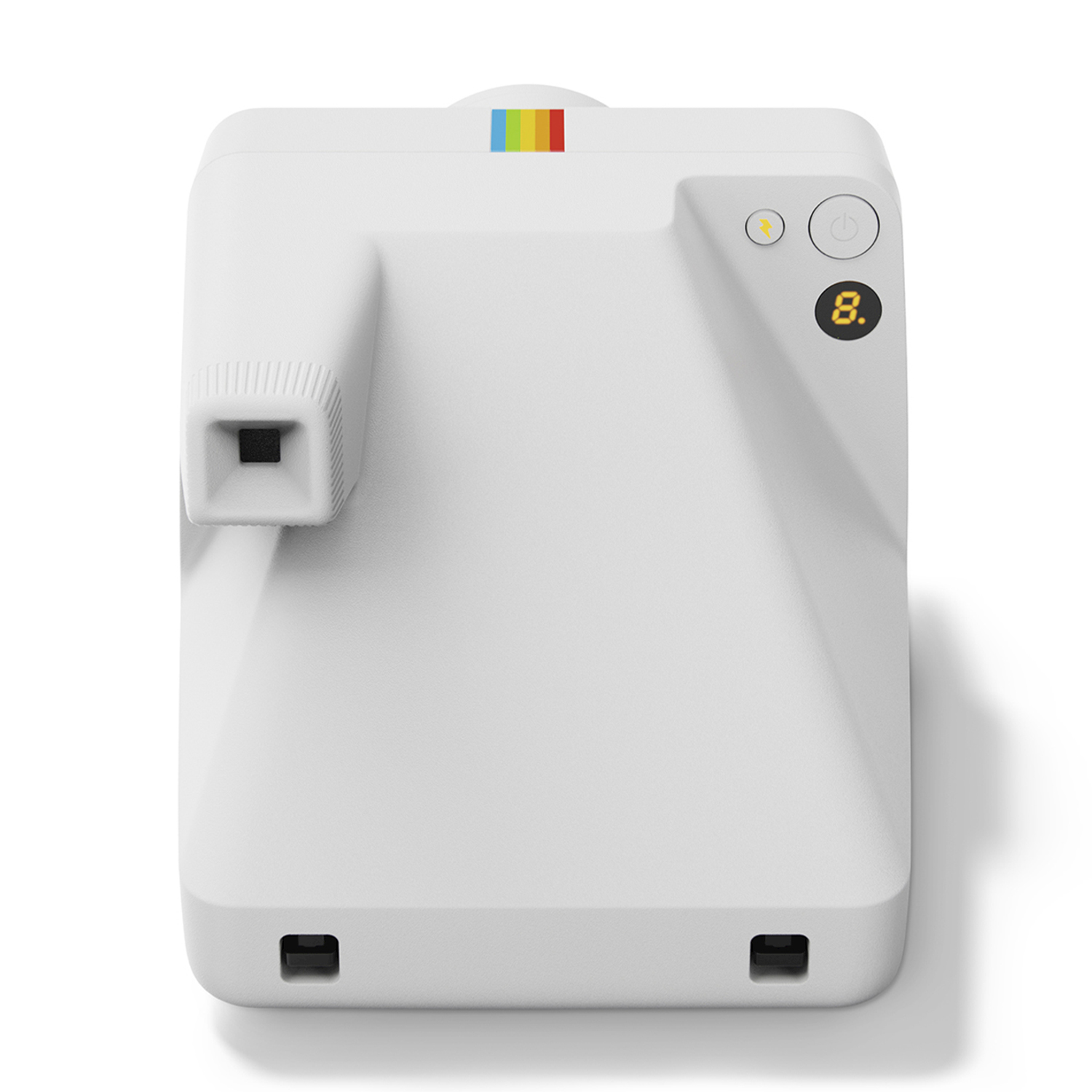Fotocamera Polaroid bianca con una striscia arcobaleno, che mostra il numero 8.