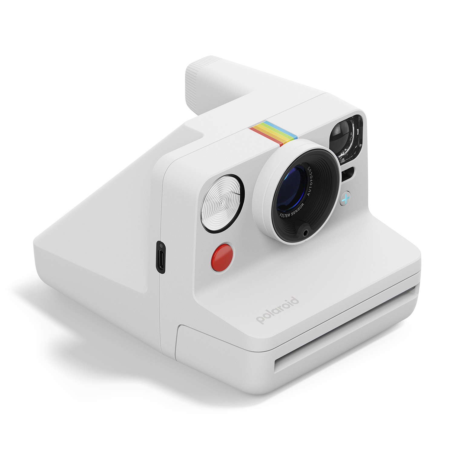 Fotocamera Polaroid bianca, con striscia arcobaleno e pulsante rosso.