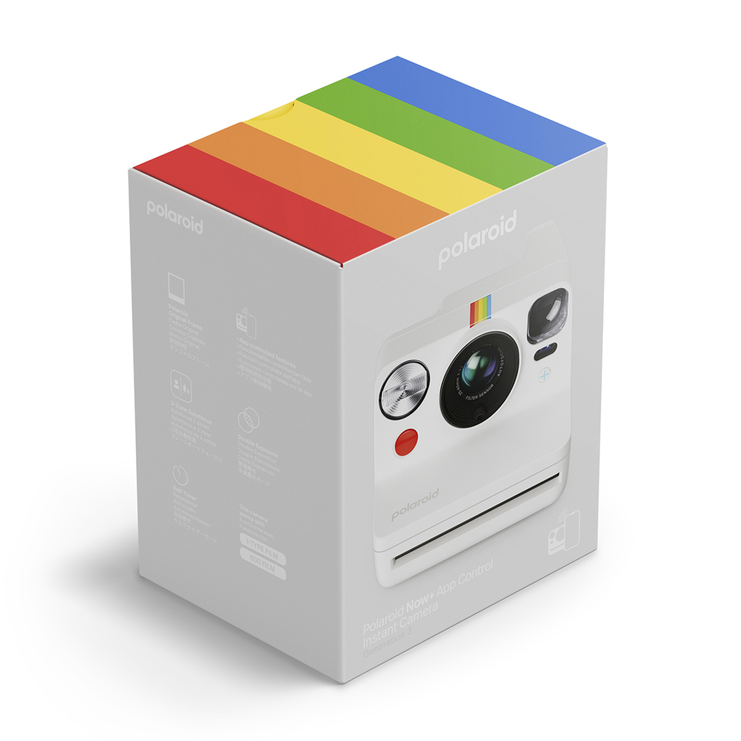 Scatola della fotocamera Polaroid con parte superiore arcobaleno. La fotocamera è bianca, con un pulsante rosso.