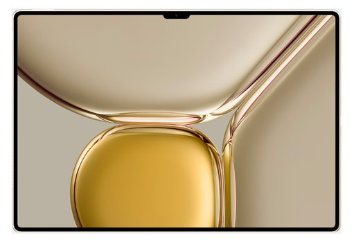 Ekran tabletu z złotym płynnym wzorem na beżowym tle i białej ramce.