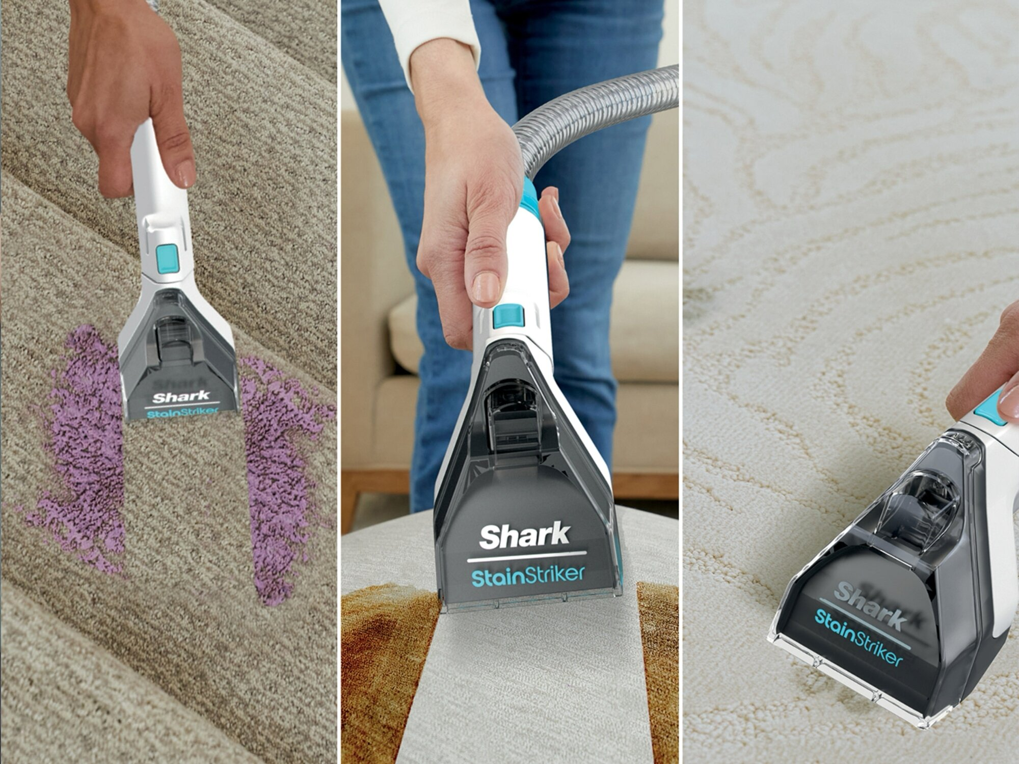 Odkurzacz Shark StainStriker w użyciu na dywanie i tapicerce. Trzy obrazy.