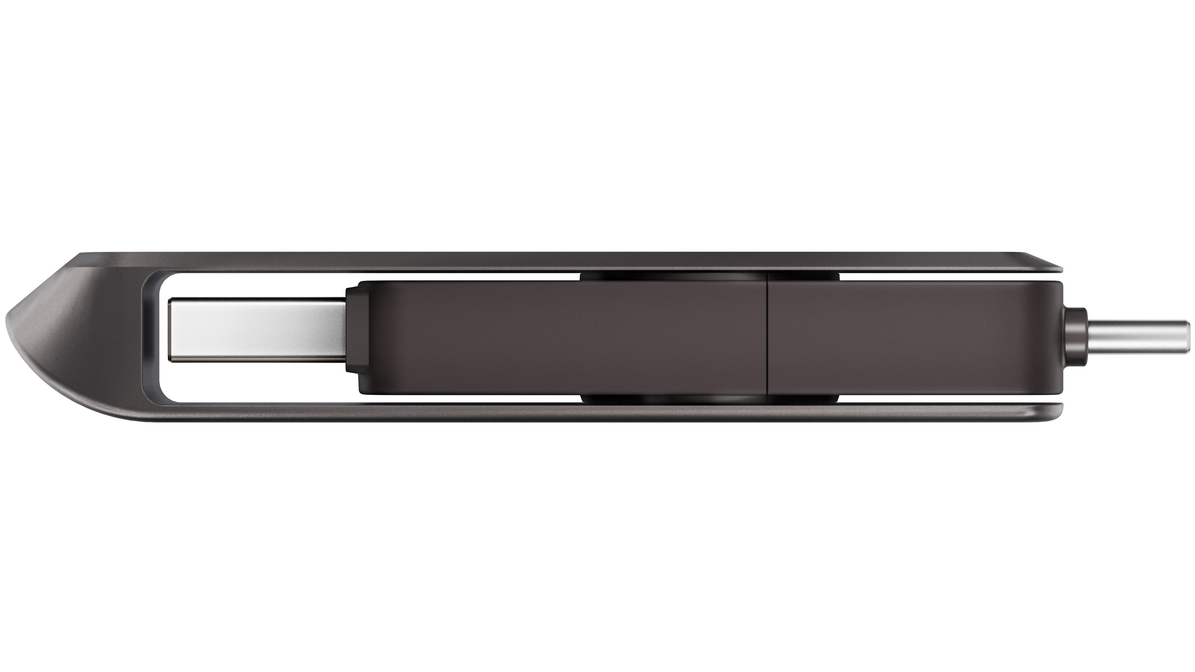 USB-C-Flash-Laufwerk mit dunkelgrauem Metallgehäuse. Der Hintergrund ist weiß.