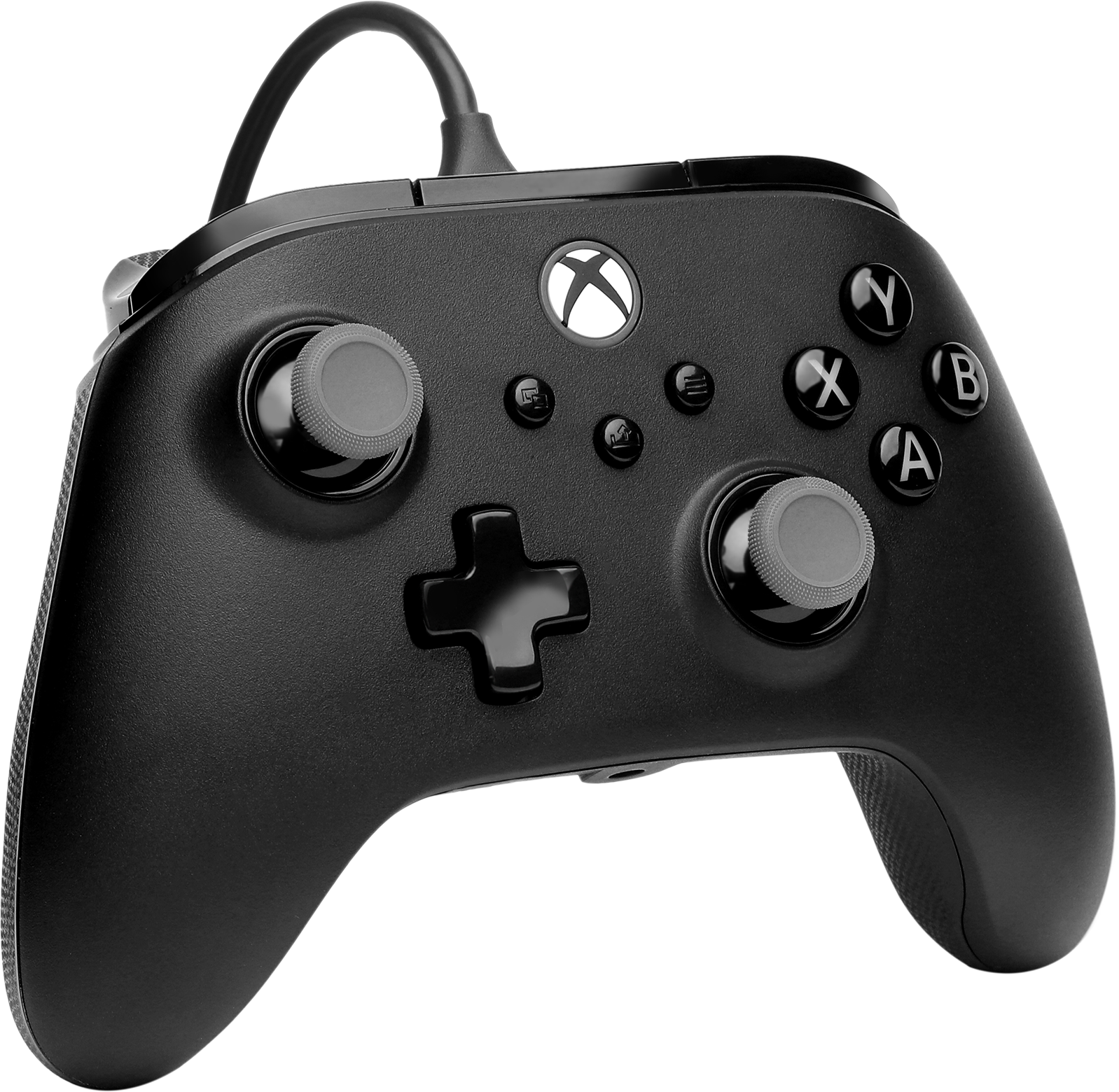 Fekete Xbox kontroller gombokkal és joystickokkal, kábellel.